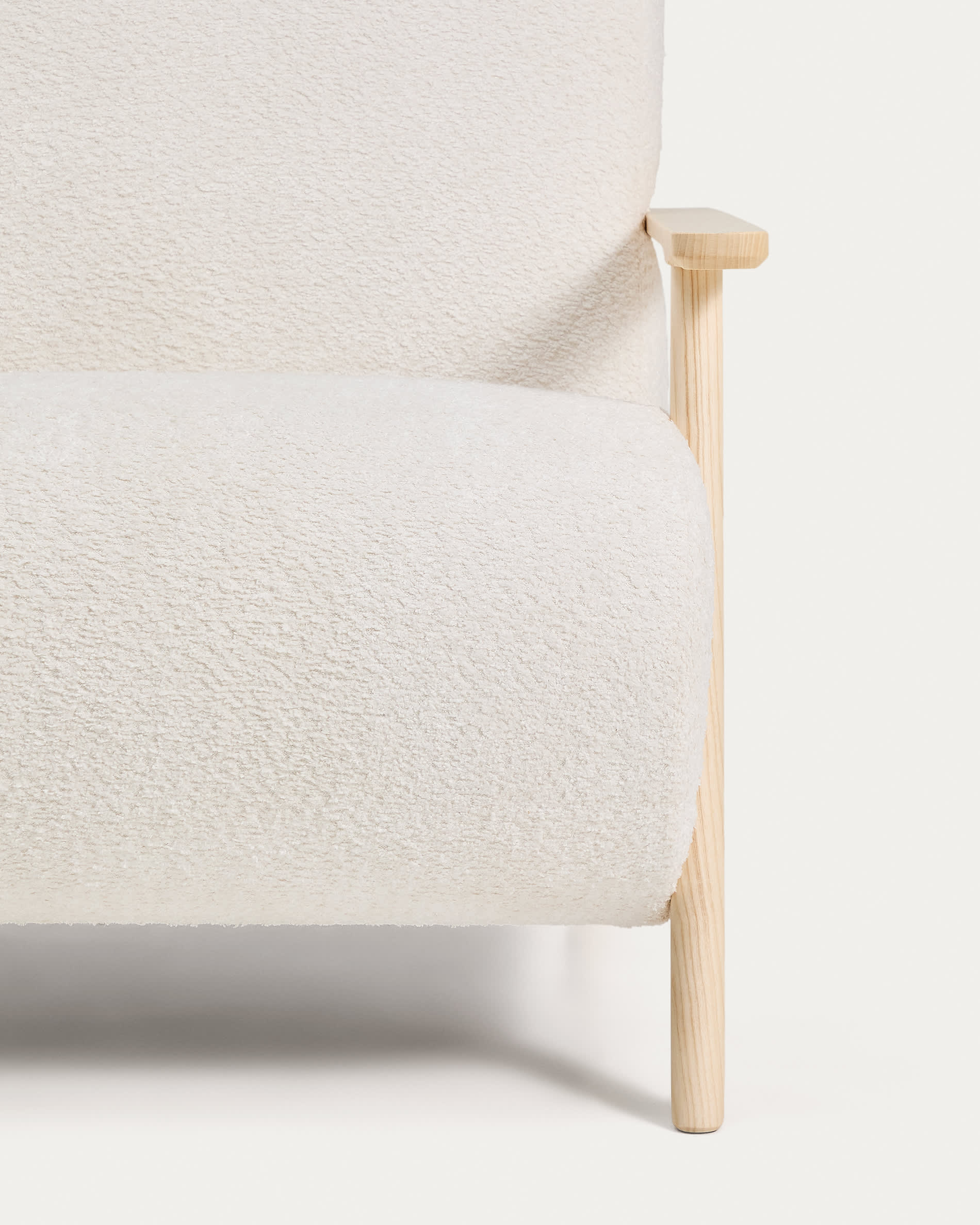 Meghan fire-retardant armchair in ecru bouclé and solid ash wood with natural tone finish FSC Mix Credit