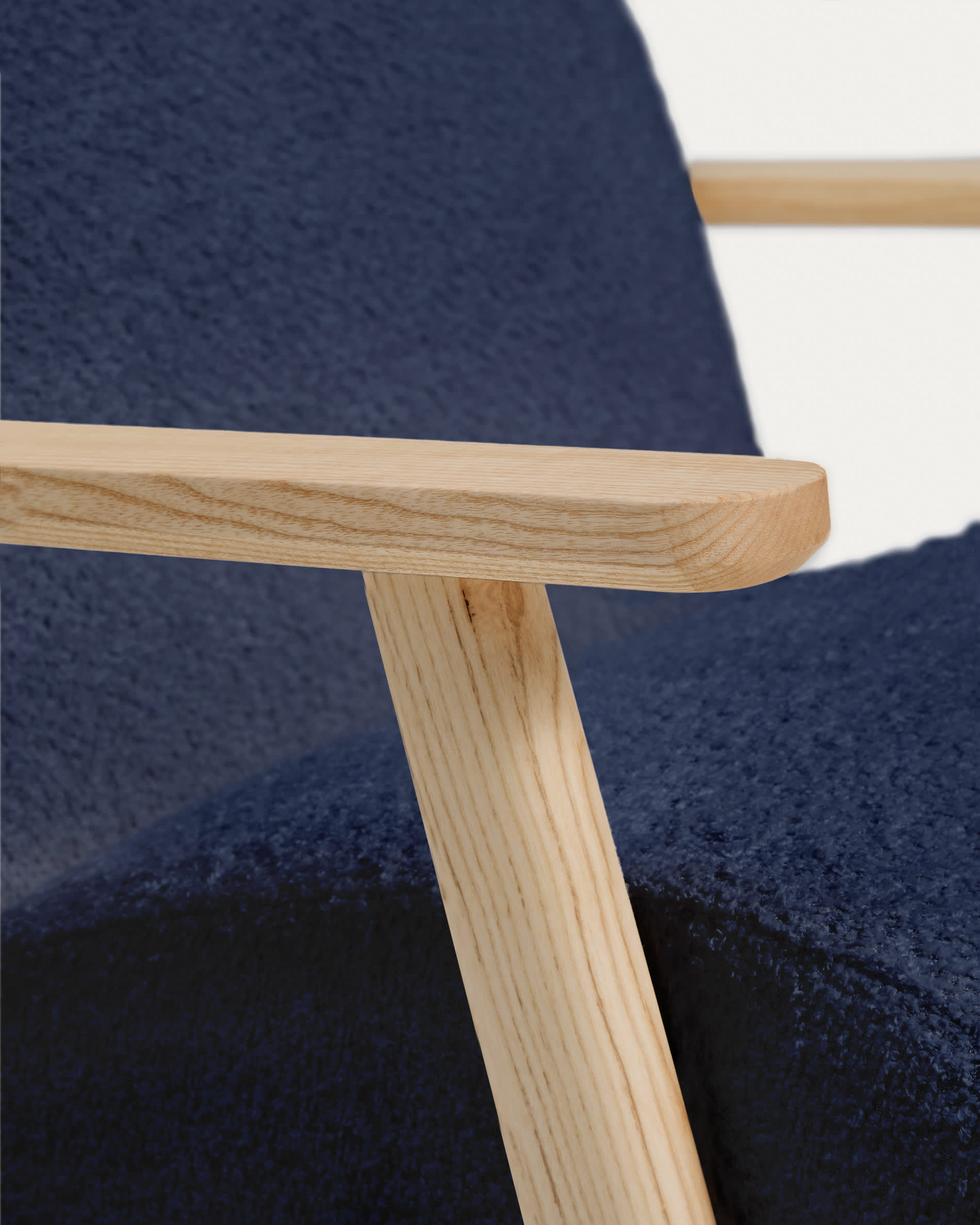 Meghan fire-retardant armchair in blue bouclé and solid ash wood with natural tone finish FSC Mix Credit