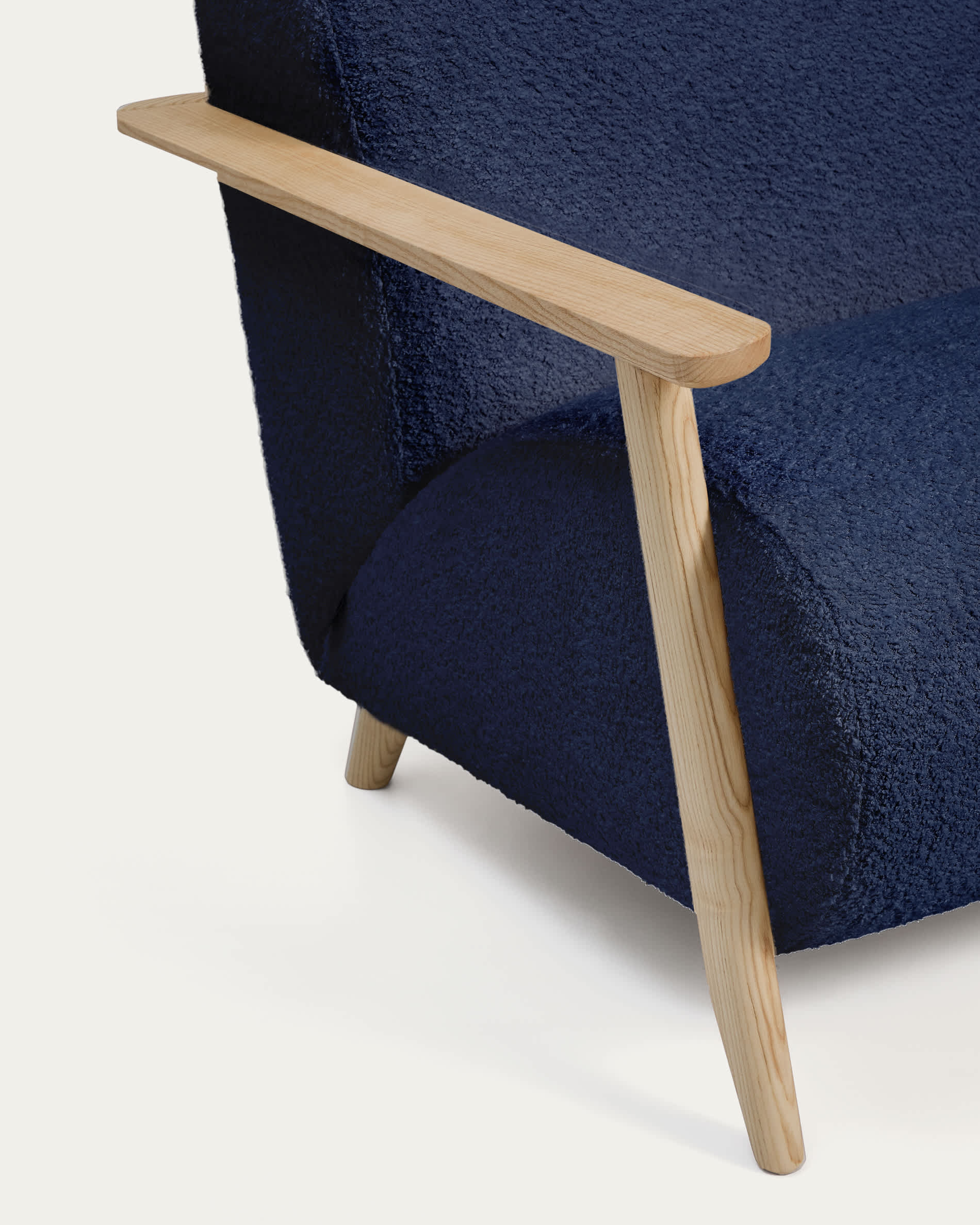 Meghan fire-retardant armchair in blue bouclé and solid ash wood with natural tone finish FSC Mix Credit