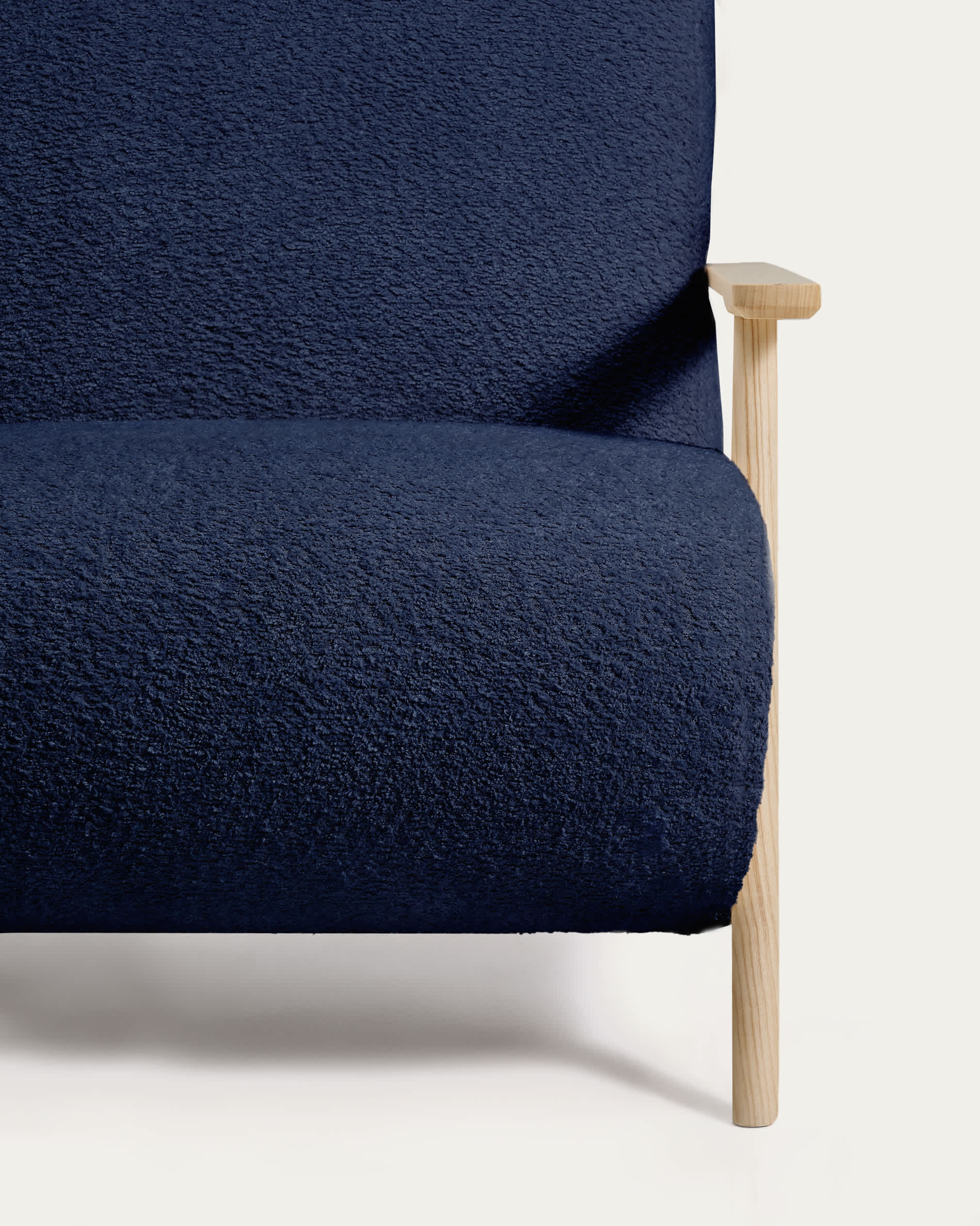 Meghan fire-retardant armchair in blue bouclé and solid ash wood with natural tone finish FSC Mix Credit