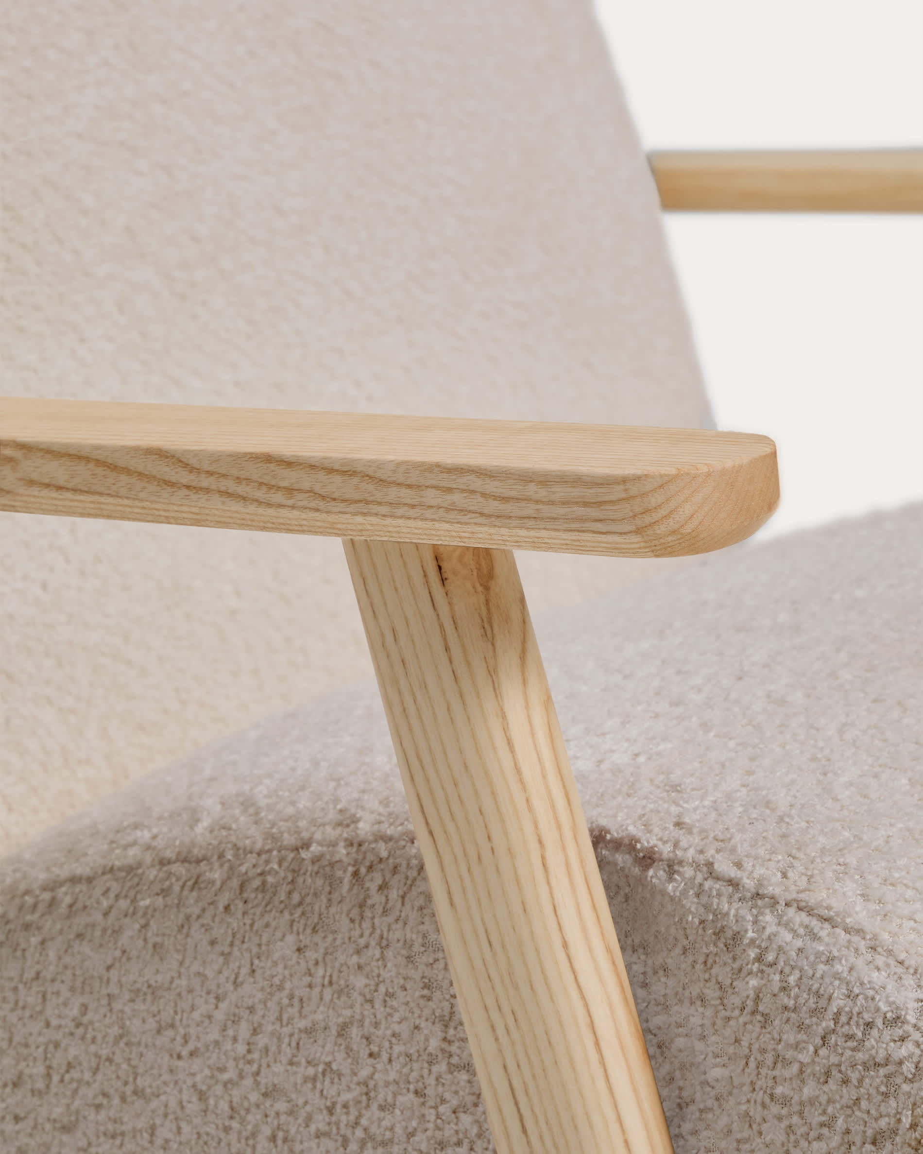 Meghan fire-retardant armchair in beige bouclé and solid ash wood with natural tone finish FSC Mix Credit