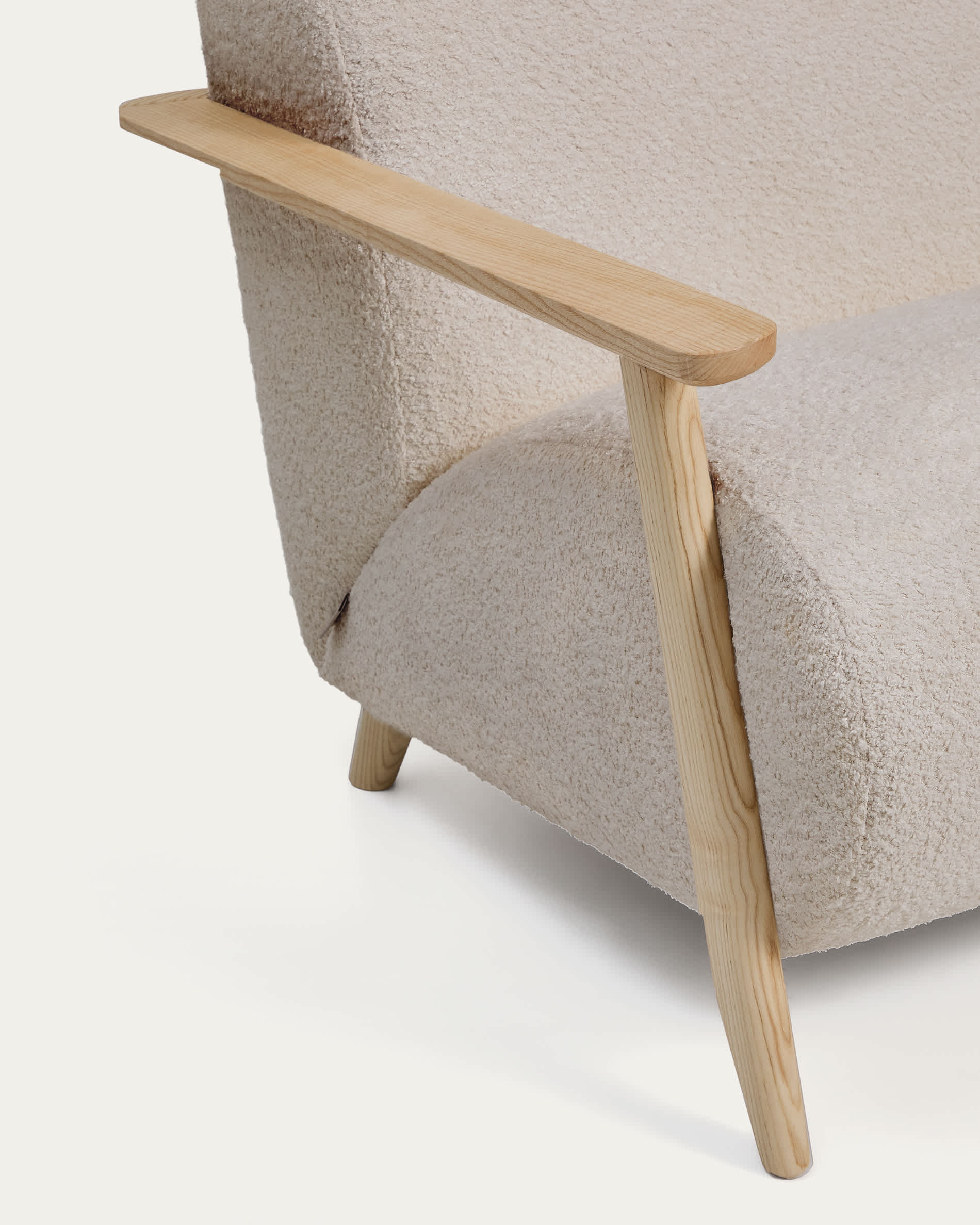 Meghan fire-retardant armchair in beige bouclé and solid ash wood with natural tone finish FSC Mix Credit