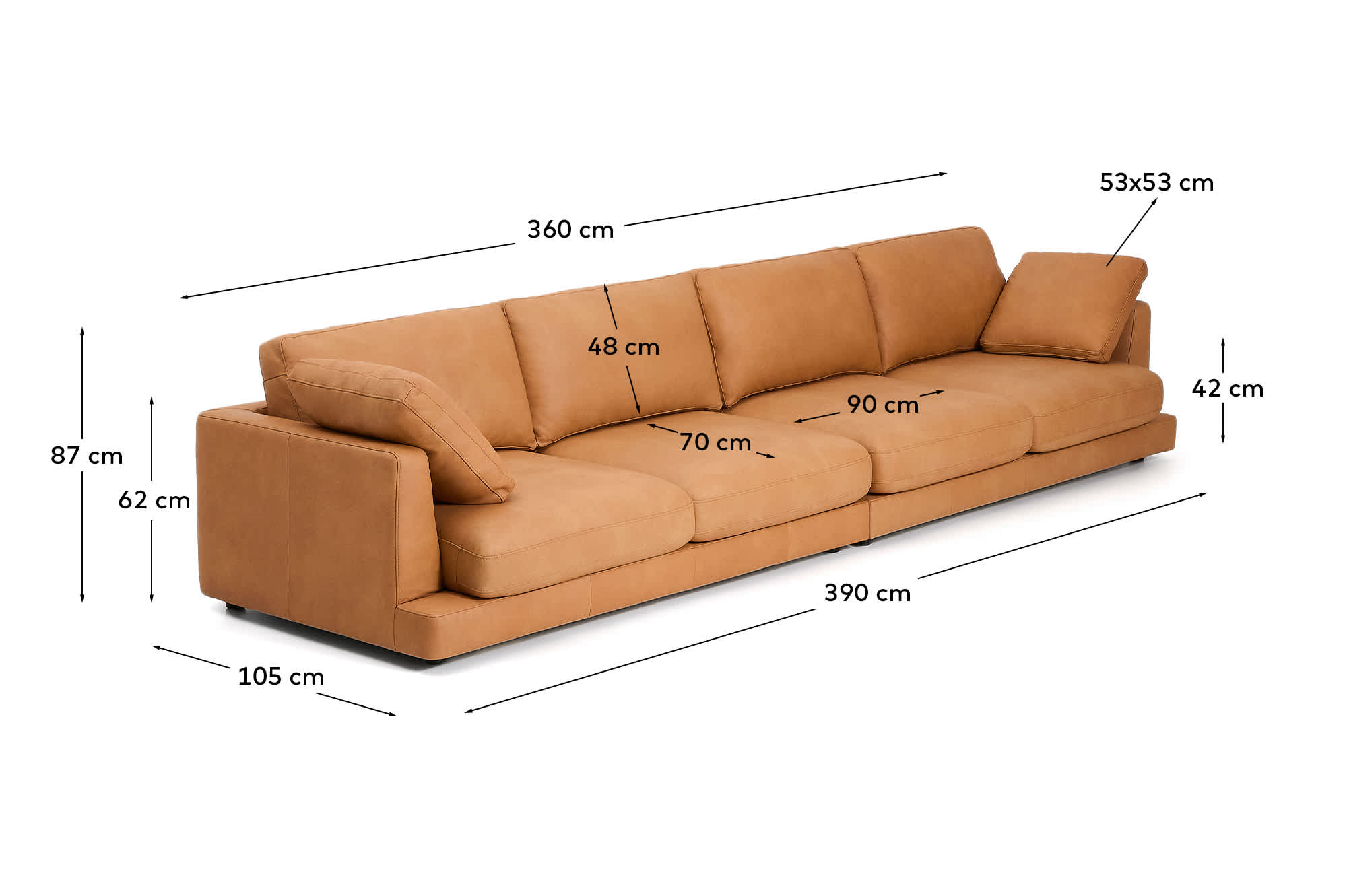 Gala 6-seater sofa in brown leather 390cm