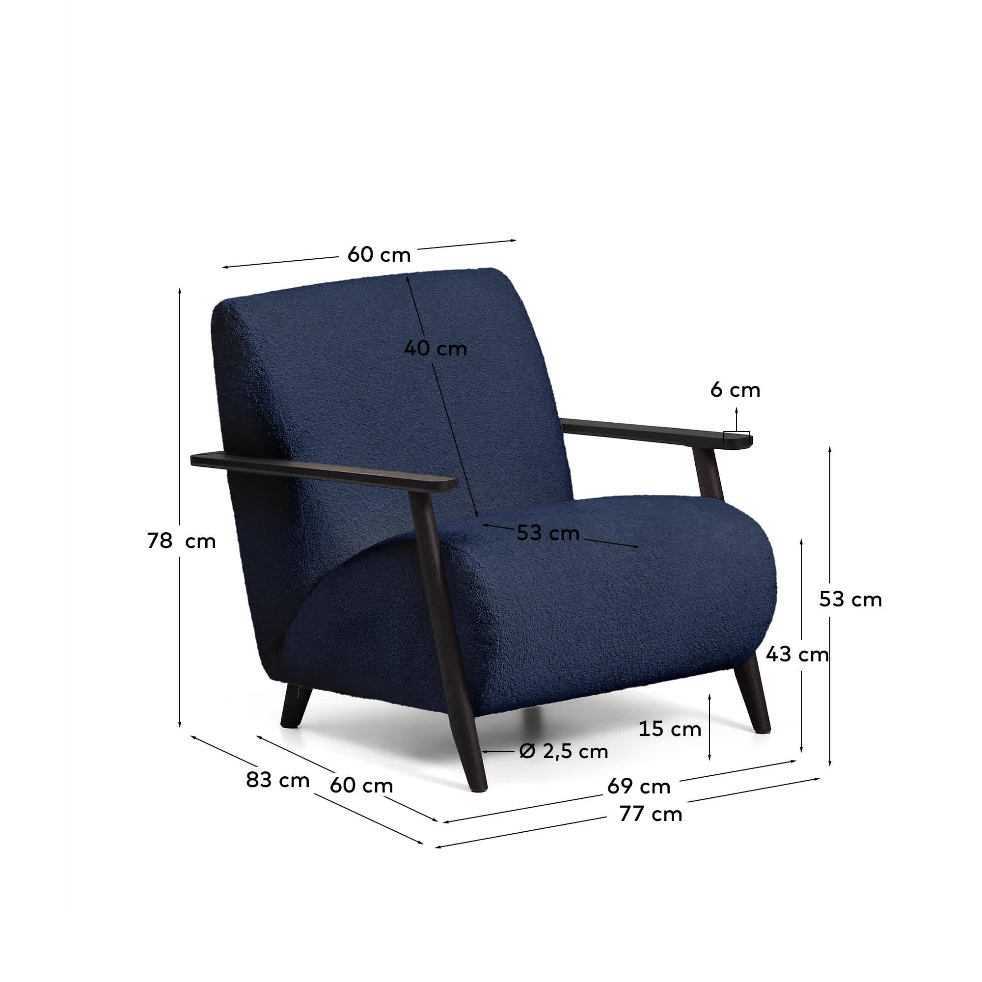 Meghan fire-retardant armchair in blue bouclé and solid ash wood with wenge-coloured finish FSC Mix Credit