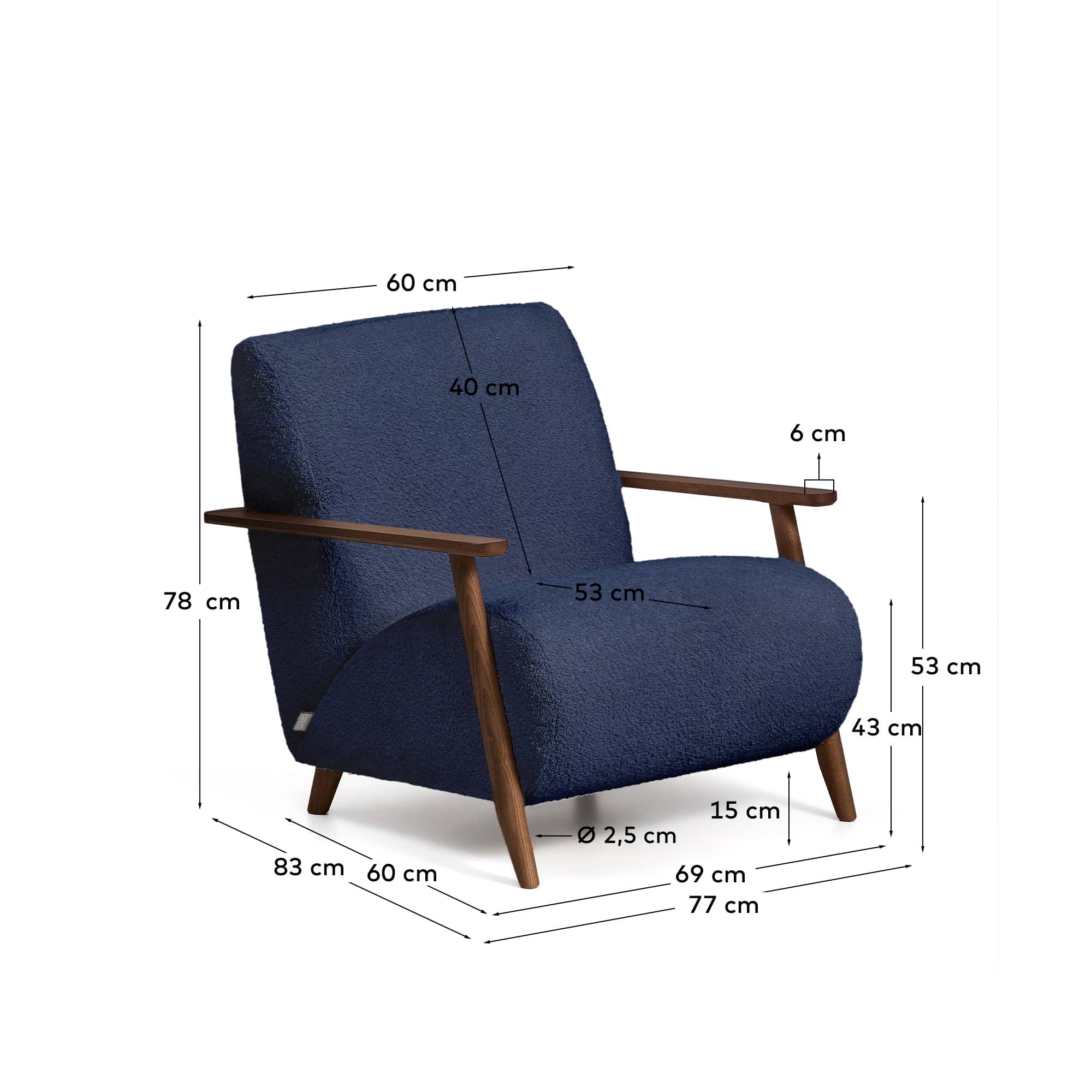 Meghan fire-retardant armchair in blue bouclé and solid ash wood with walnut-coloured finish FSC Mix Credit