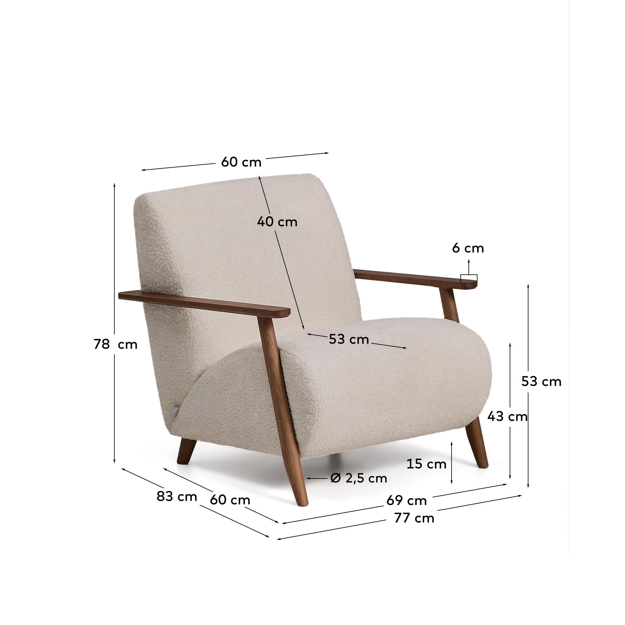 Meghan fire-retardant armchair in beige bouclé and solid ash wood with walnut-coloured finish FSC Mix Credit