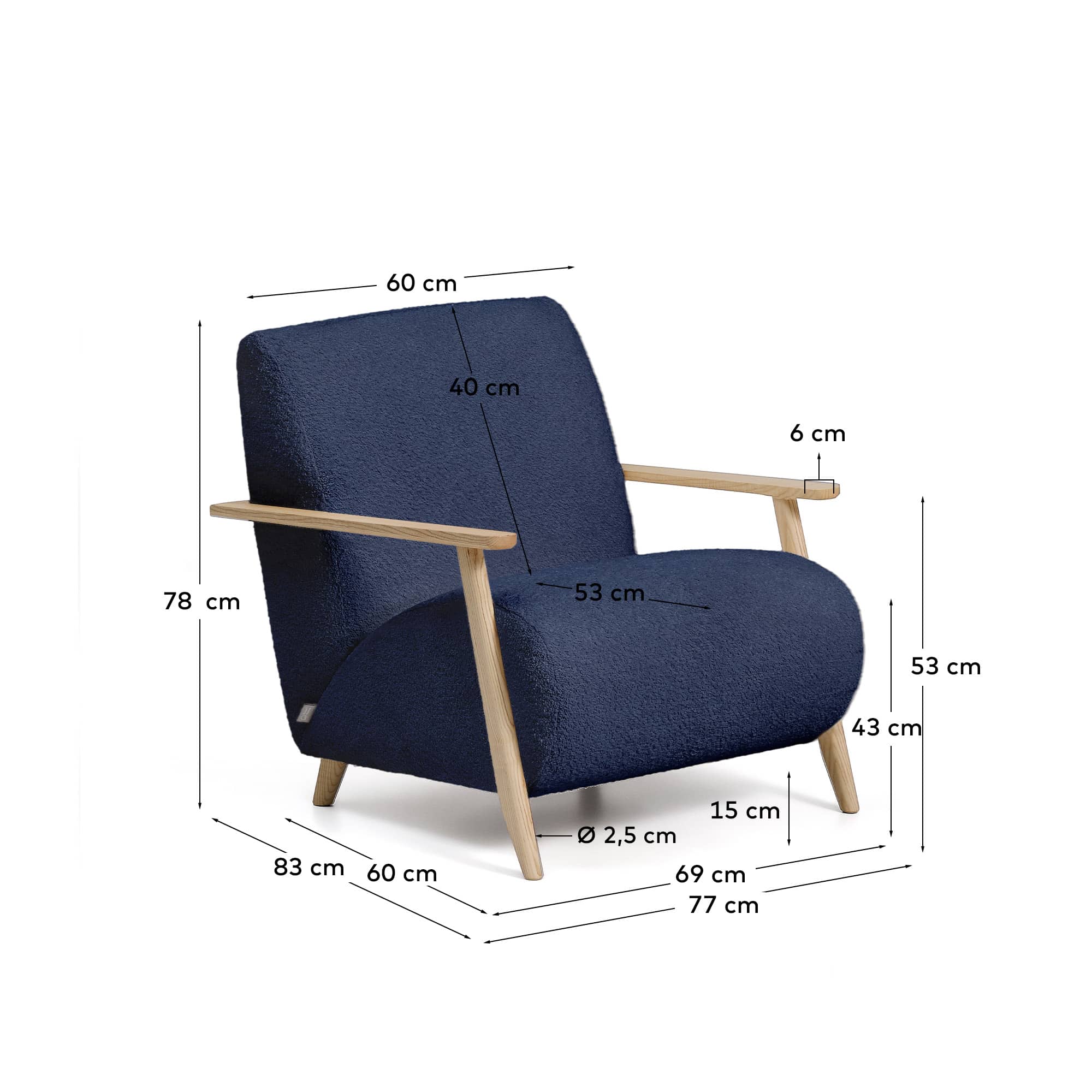 Meghan fire-retardant armchair in blue bouclé and solid ash wood with natural tone finish FSC Mix Credit