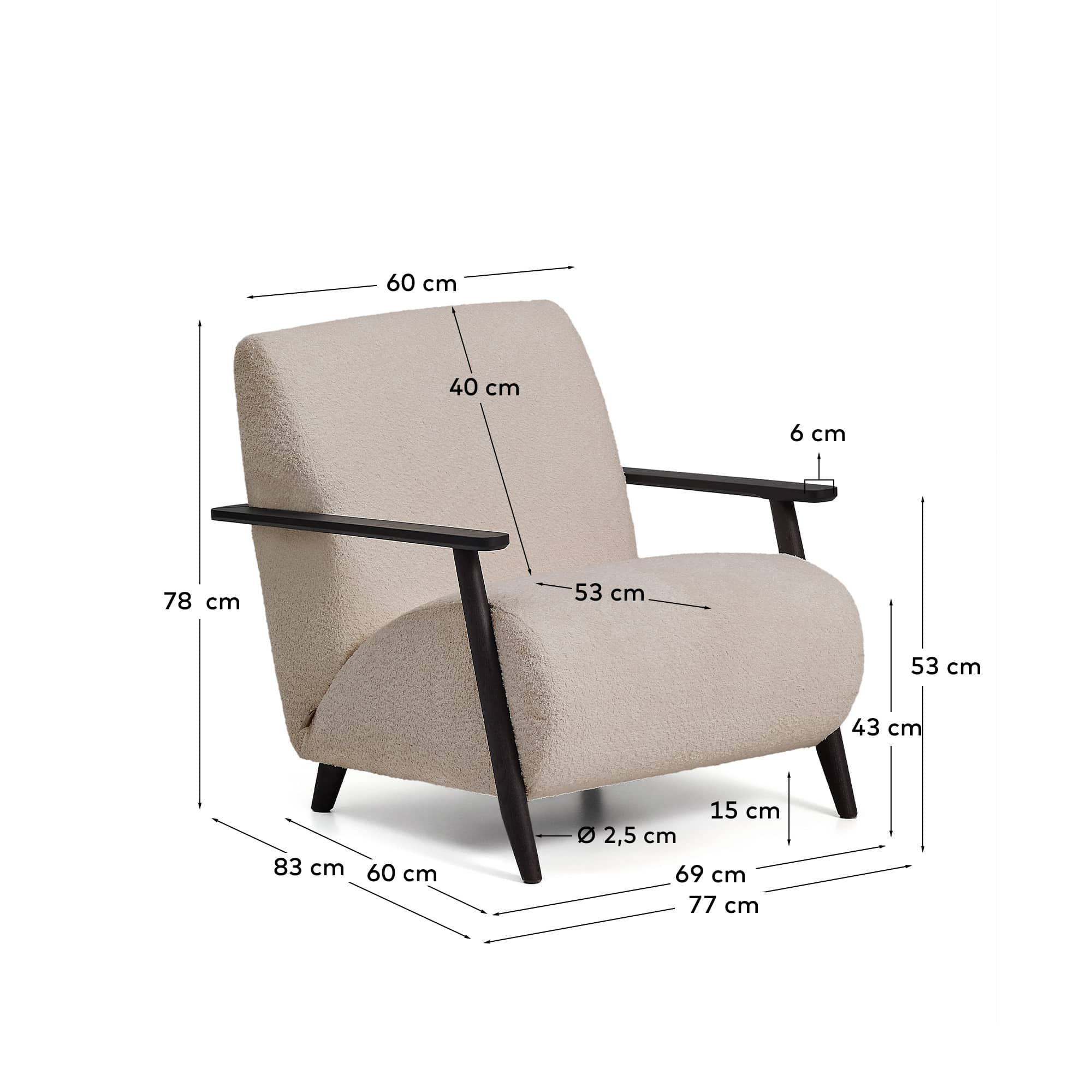 Meghan fire-retardant armchair in beige bouclé and solid ash wood with wenge-coloured finish FSC Mix Credit