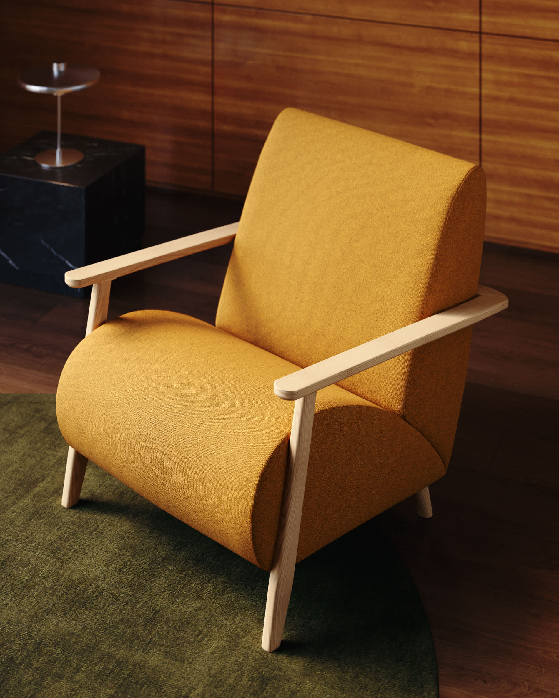 Meghan armchair in mustard bouclé and solid ash wood with natural finish FSC Mix Credit