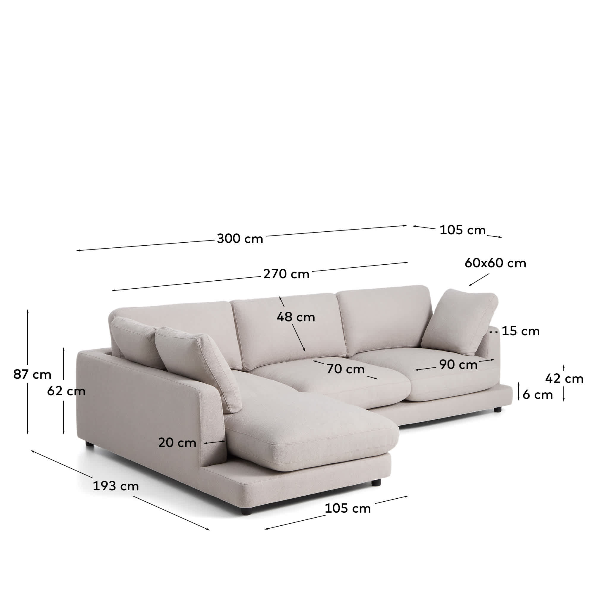 Gala 4-seater grey micro bouclé sofa with left-hand chaise longue FSC Mix Credit 300 cm