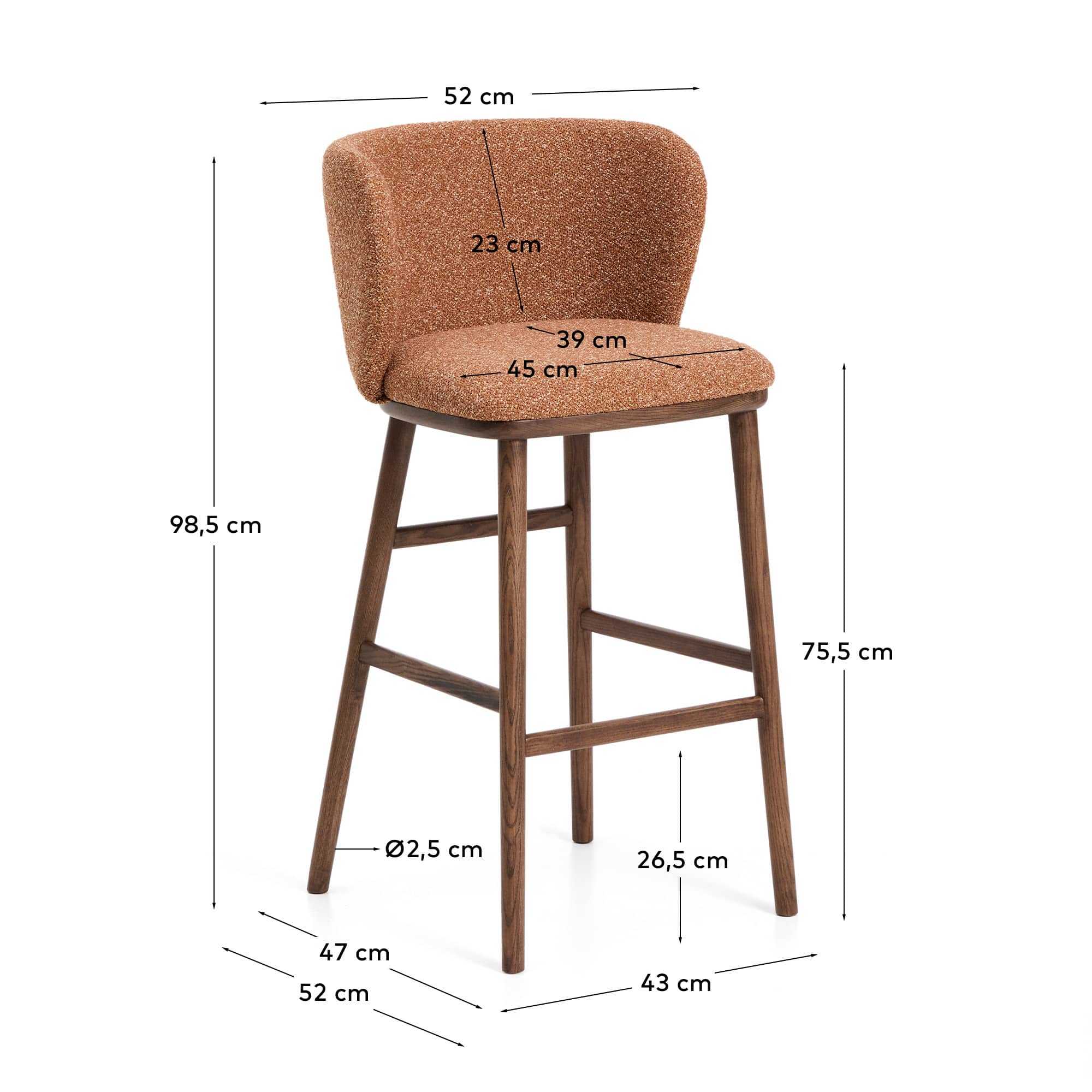 Ciselia terracotta thick chenille stool with solid ash wood legs with walnut-coloured finish FSC Mix Credit 75cm