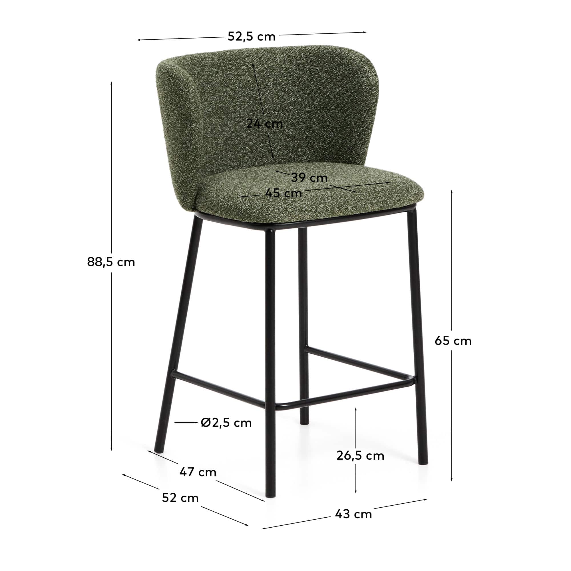 Ciselia dark green thick chenille stool with black finish steel legs FSC Mix Credit 65cm