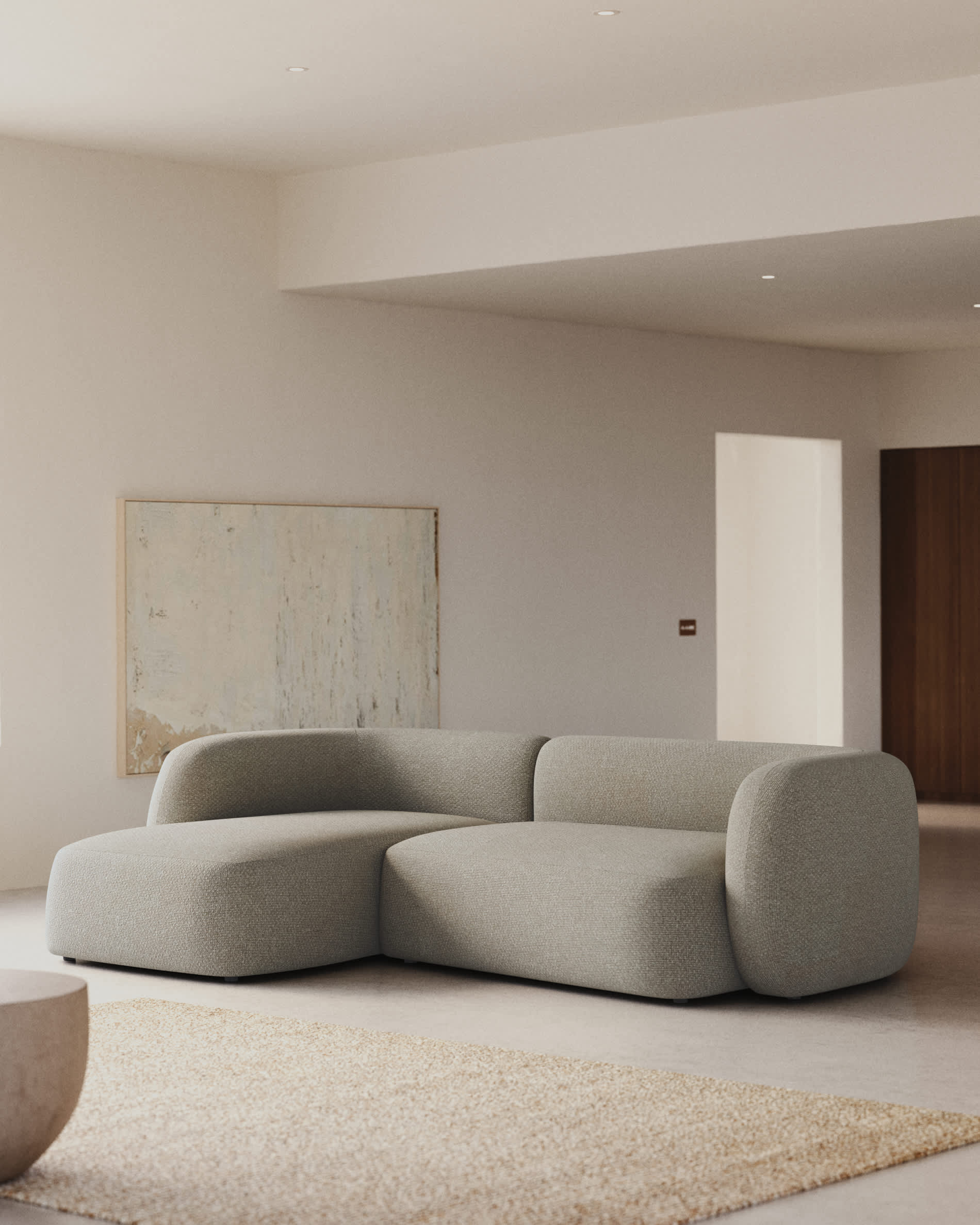 Martina fire-retardant stone-coloured chenille 3-seater modular sofa with left chaise longue 287 cm