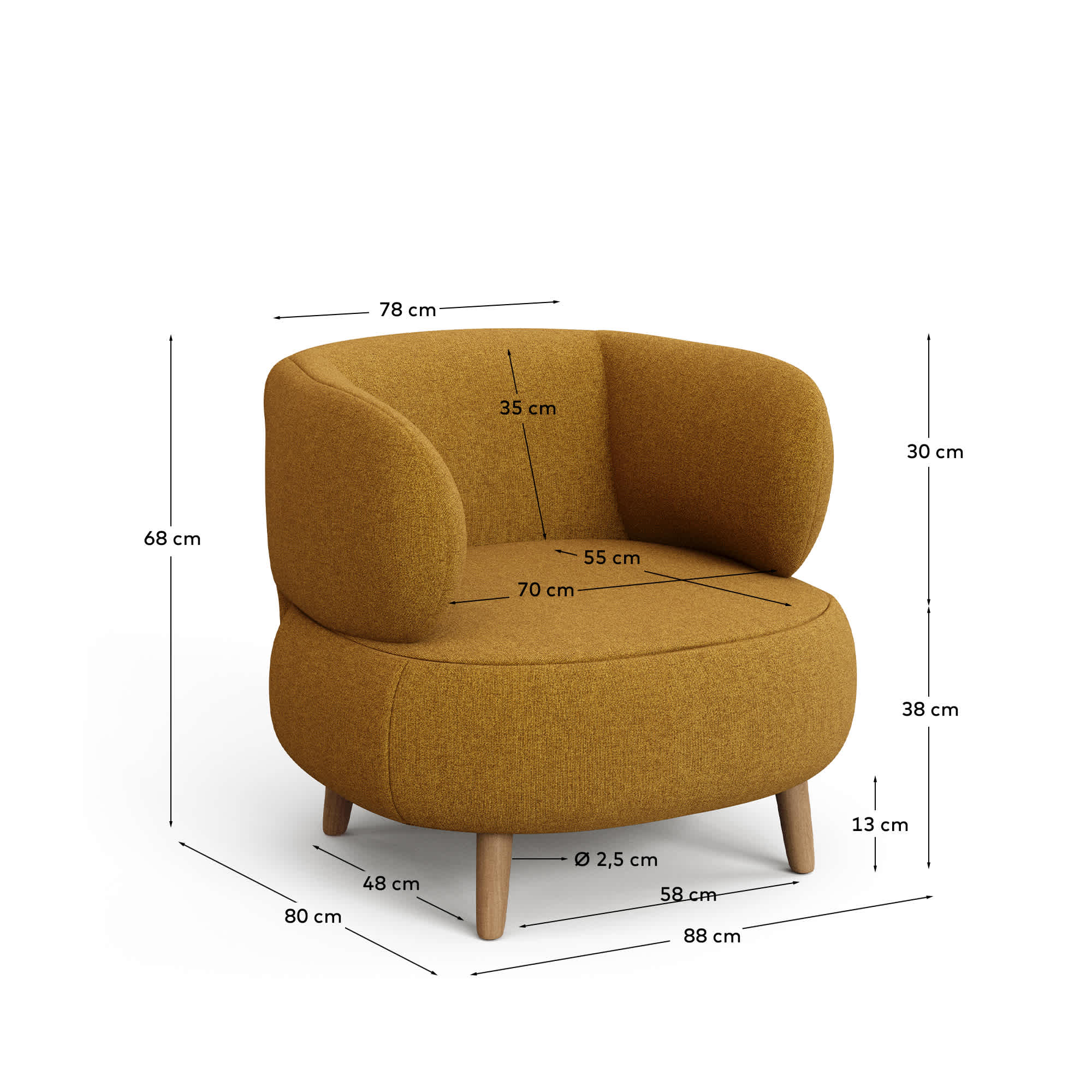 Luisa mustard armchair with solid beech wood legs 90 cm