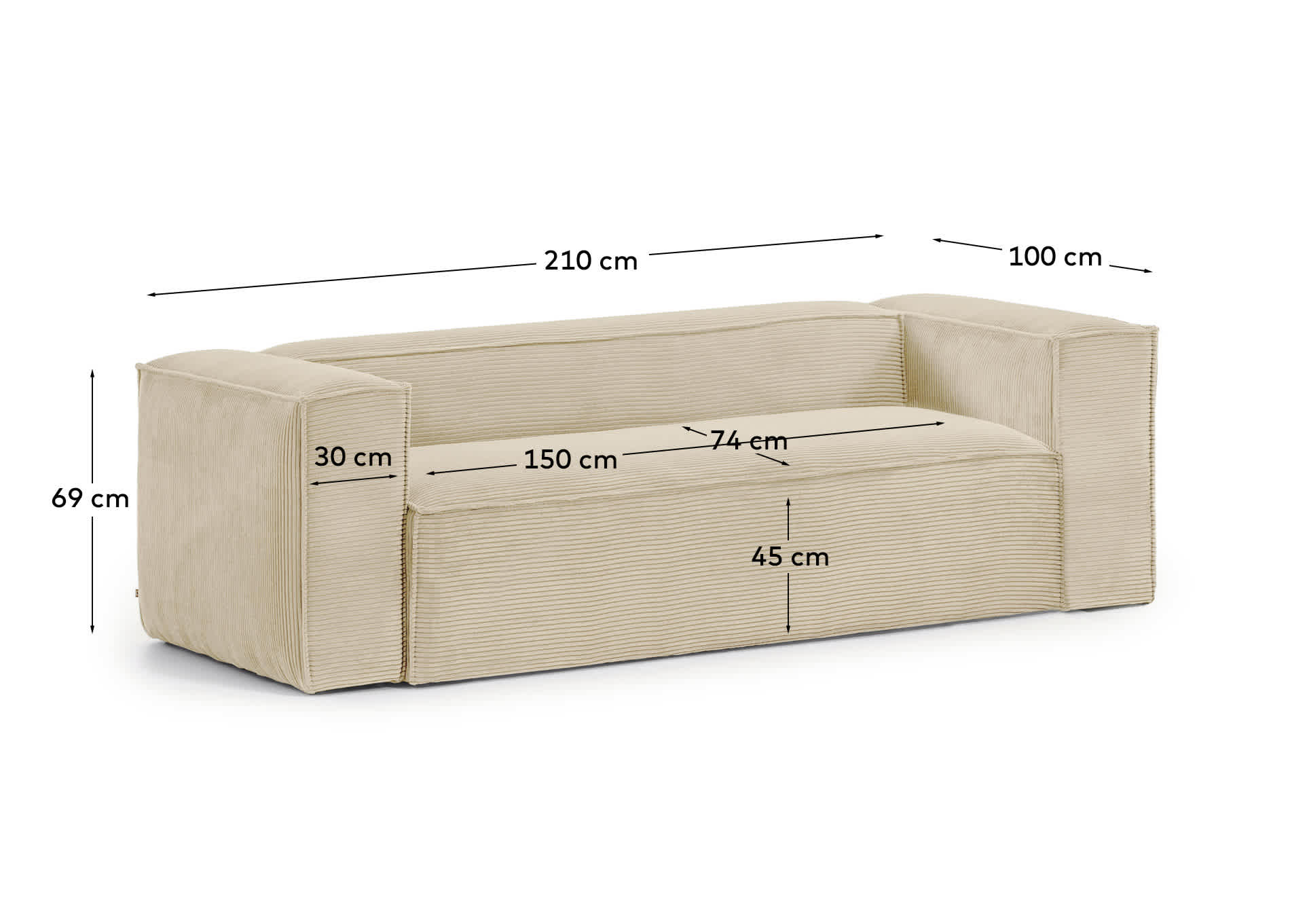 Blok 2-seater sofa in natural thick corduroy 210cm FSC Mix Credit