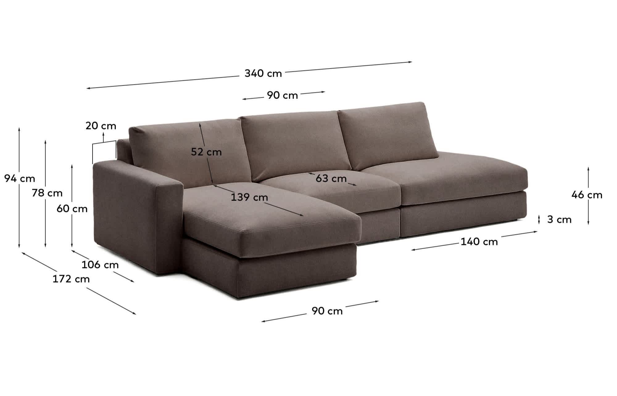 Alea dark brown chenille 5-seater modular sofa with left chaise longue and removable cover 340cm