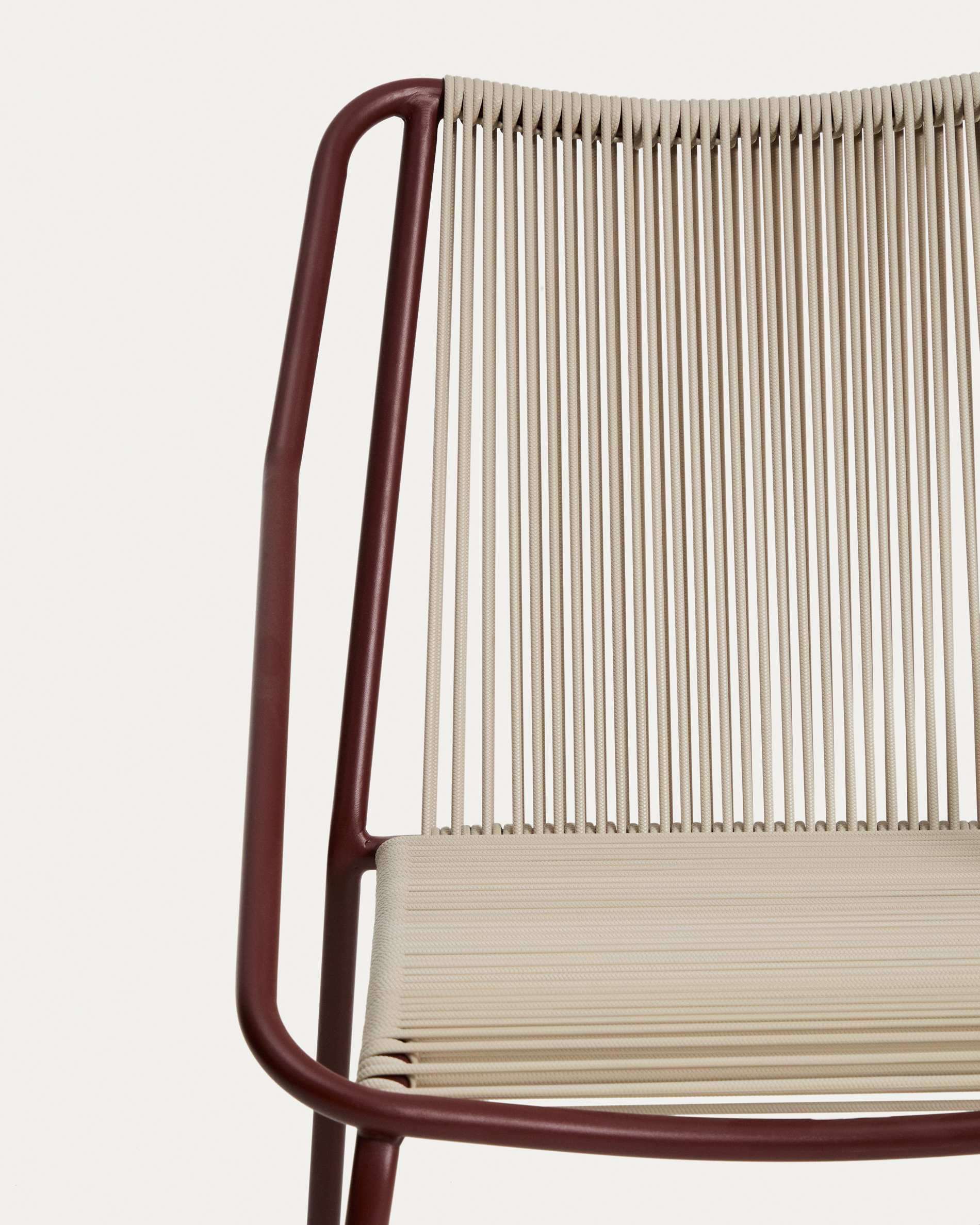 Zivia stackable outdoor chair in ecru rope cord and burgundy galvanised steel