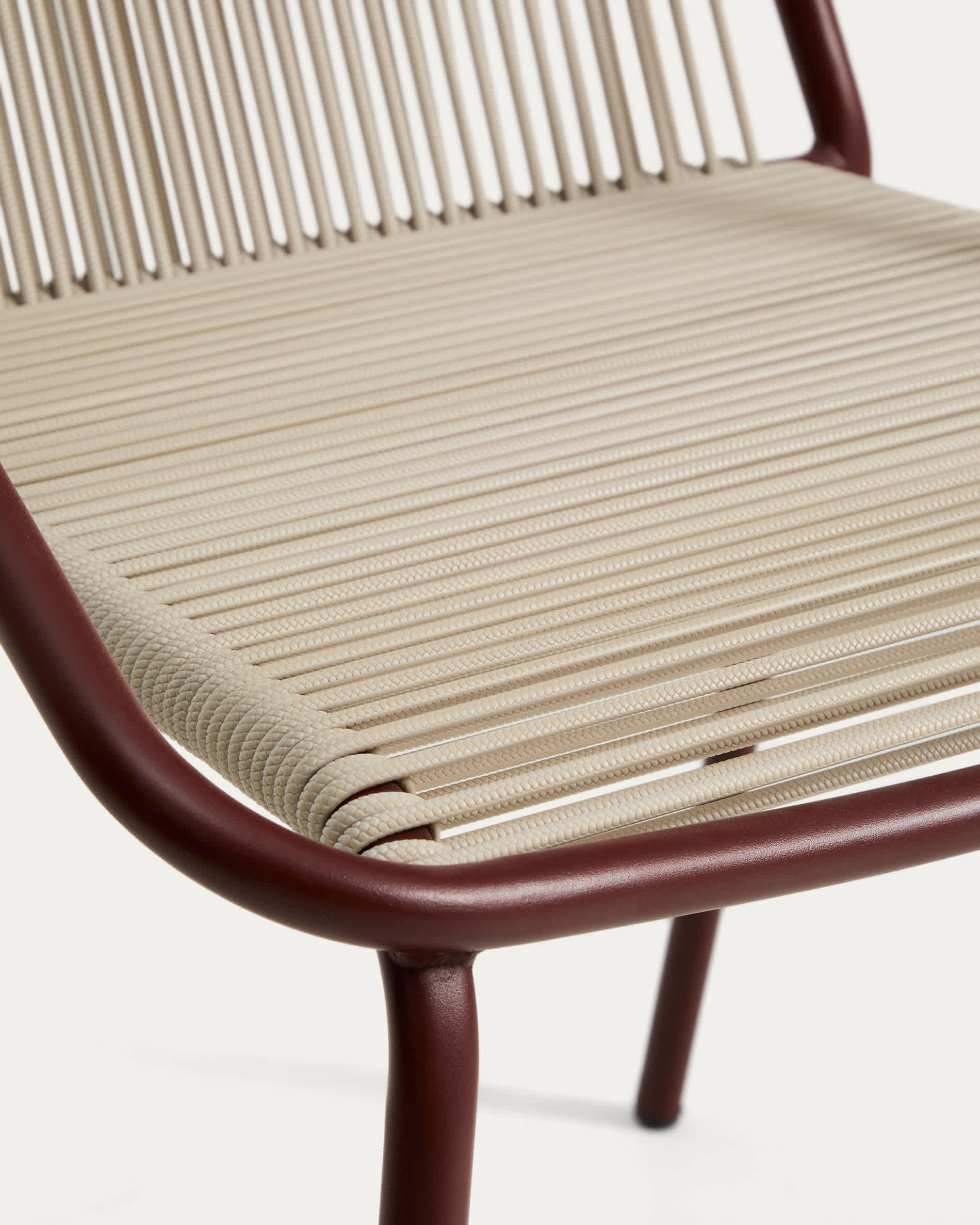 Zivia stackable outdoor chair in ecru rope cord and burgundy galvanised steel
