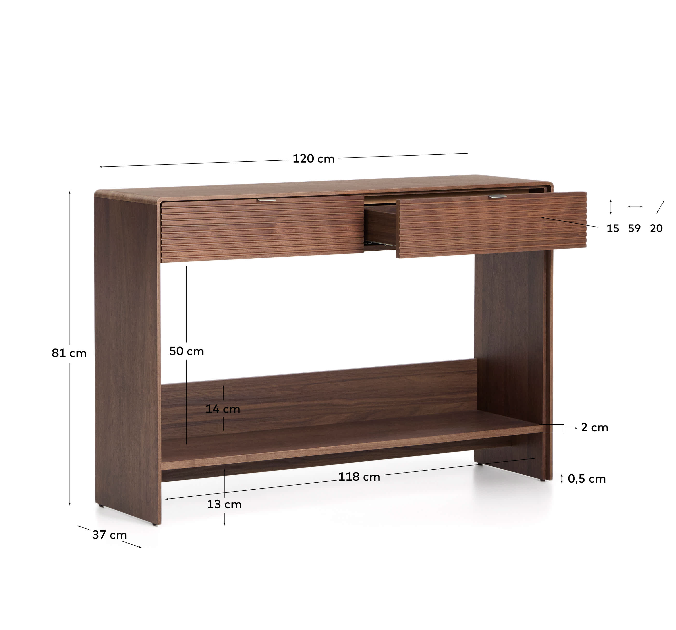 Norlen console with 2 drawers and shelf in walnut veneer FSC Mix Credit 120 x 81 cm