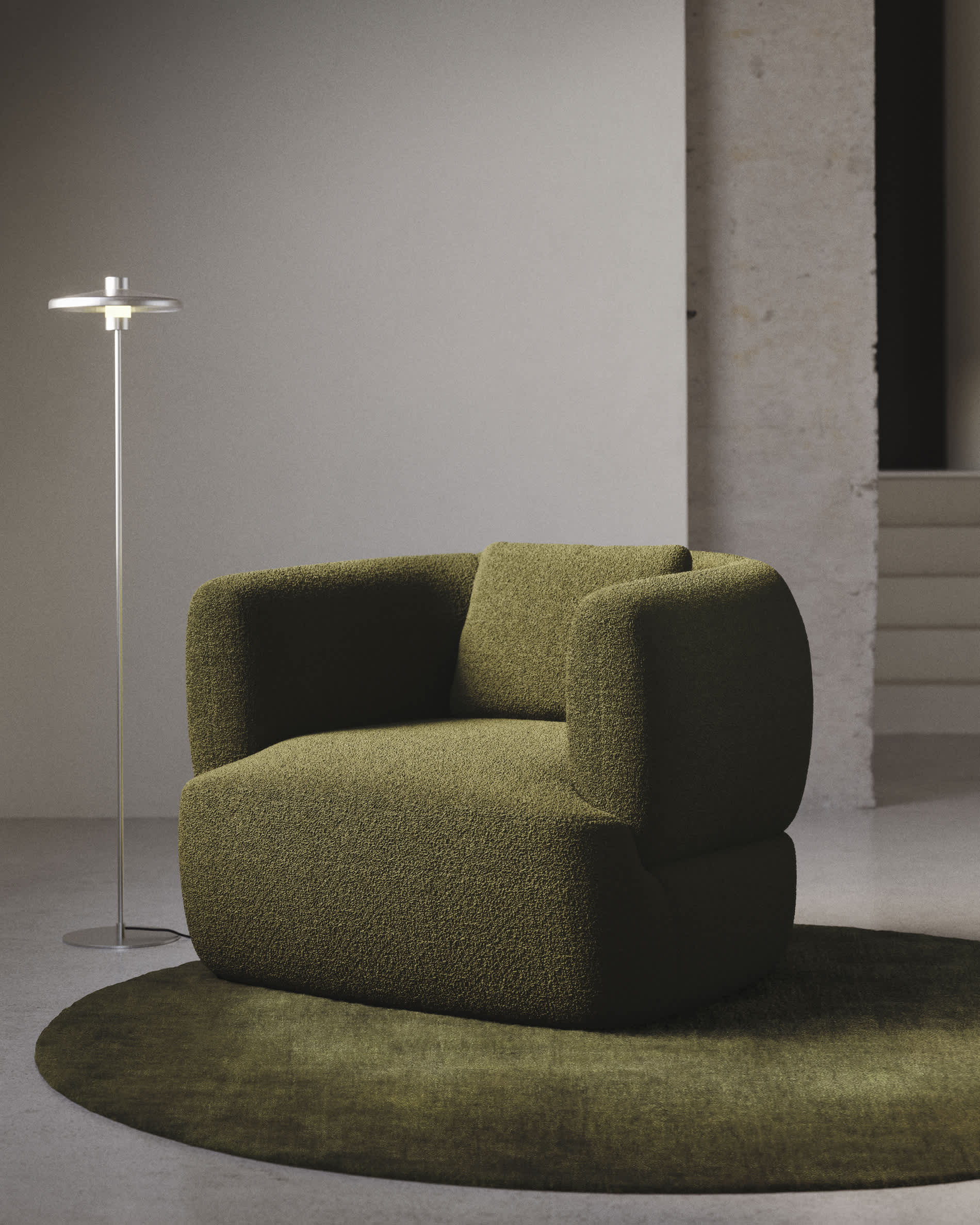 Martina dark green bouclé swivel armchair with cushion FSC Mix Credit