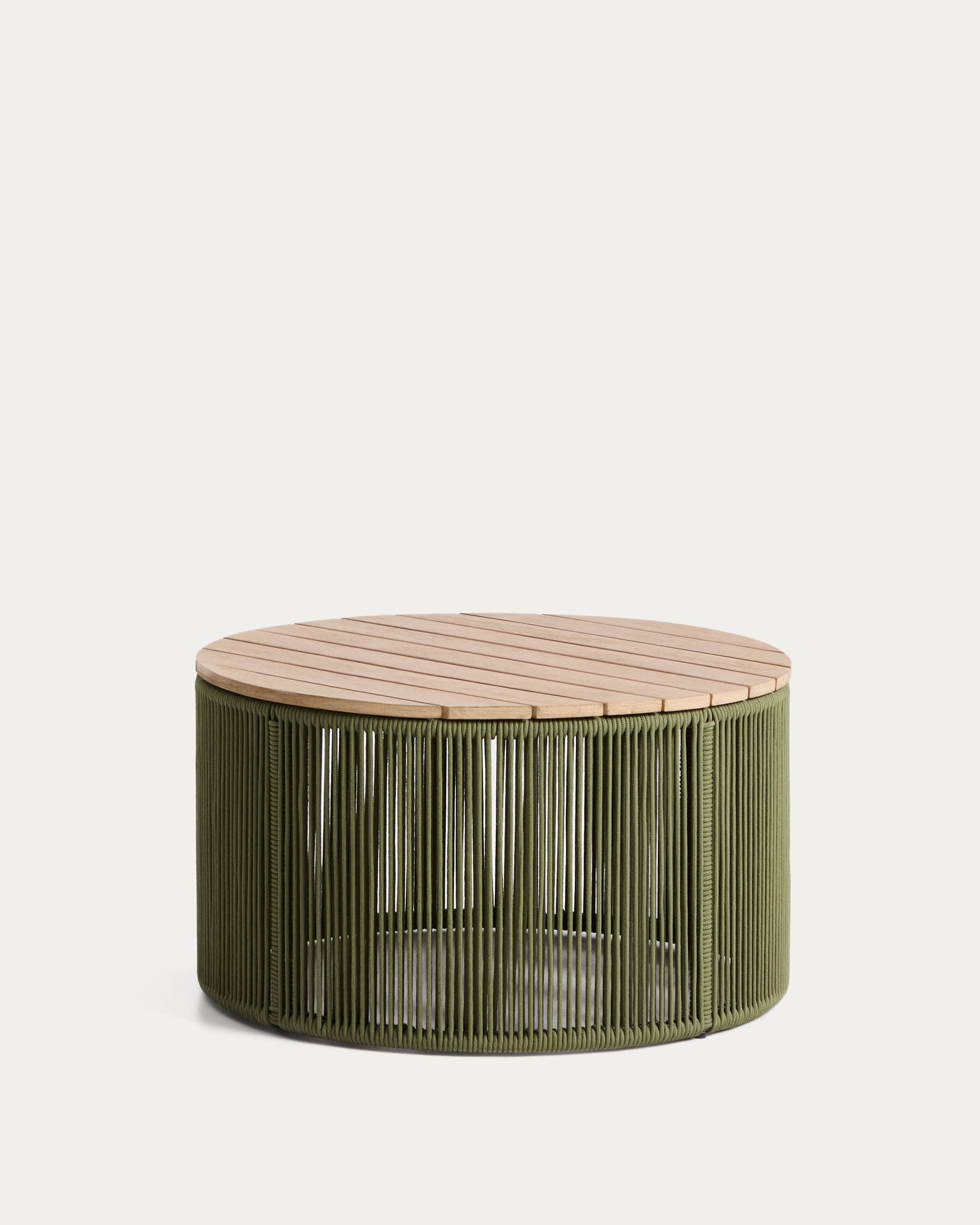 Dandara coffee table in steel, green rope cord and solid acacia wood Ø70cm FSC 100%