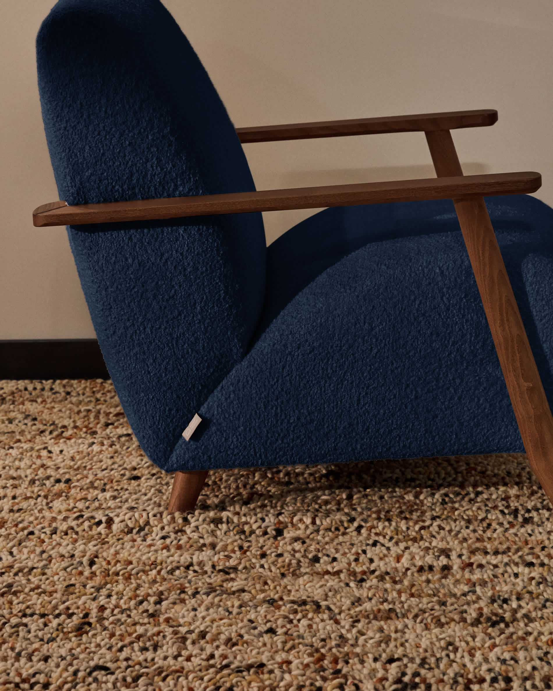 Meghan fire-retardant armchair in blue bouclé and solid ash wood with walnut-coloured finish FSC Mix Credit