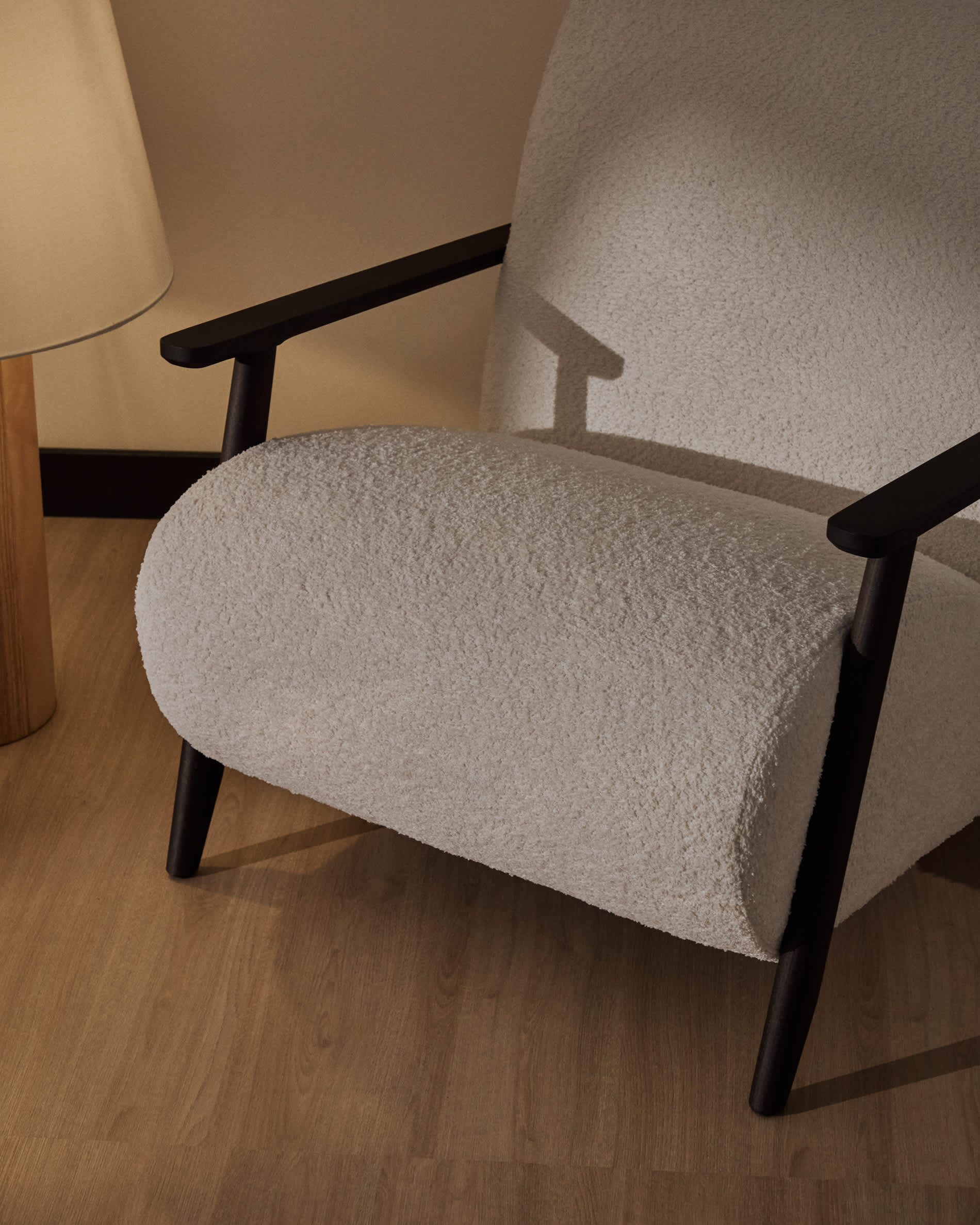 Meghan fire-retardant armchair in beige bouclé and solid ash wood with wenge-coloured finish FSC Mix Credit