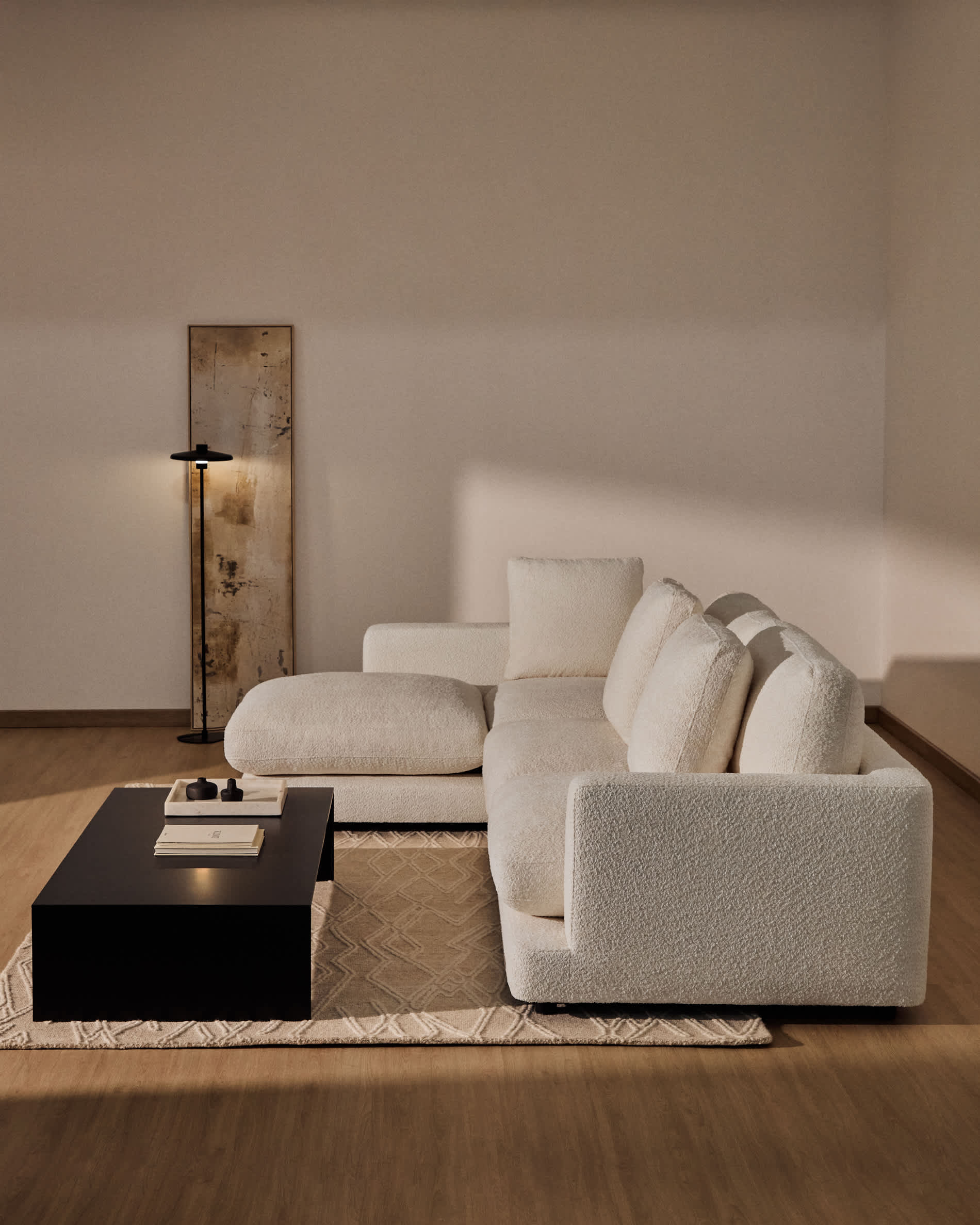 Gala fire-retardant ecru bouclé 4-seater sofa with left chaise longue FSC Mix Credit 300cm