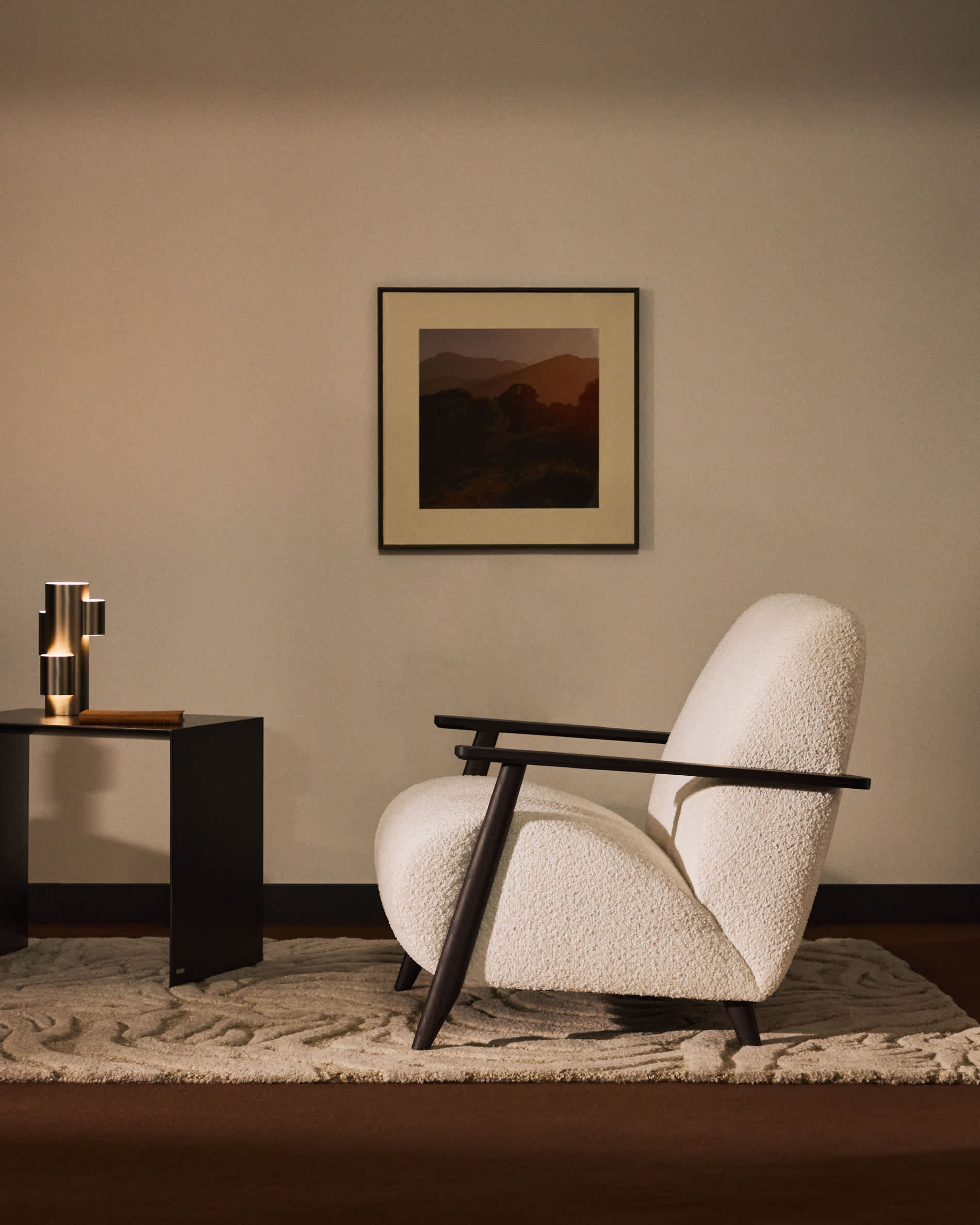 Meghan fire-retardant armchair in ecru bouclé and solid ash wood with wenge-coloured finish FSC Mix Credit
