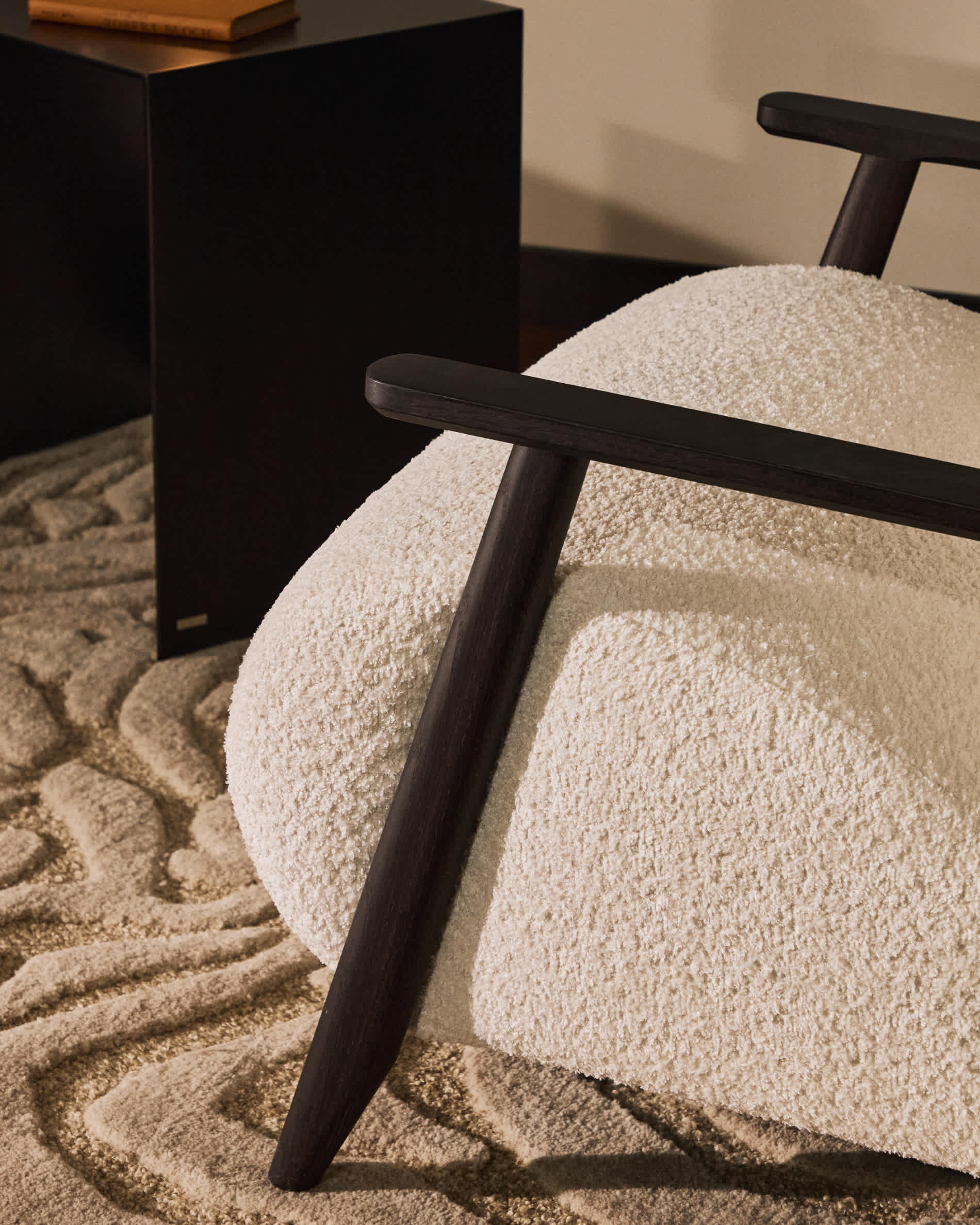 Meghan fire-retardant armchair in ecru bouclé and solid ash wood with wenge-coloured finish FSC Mix Credit