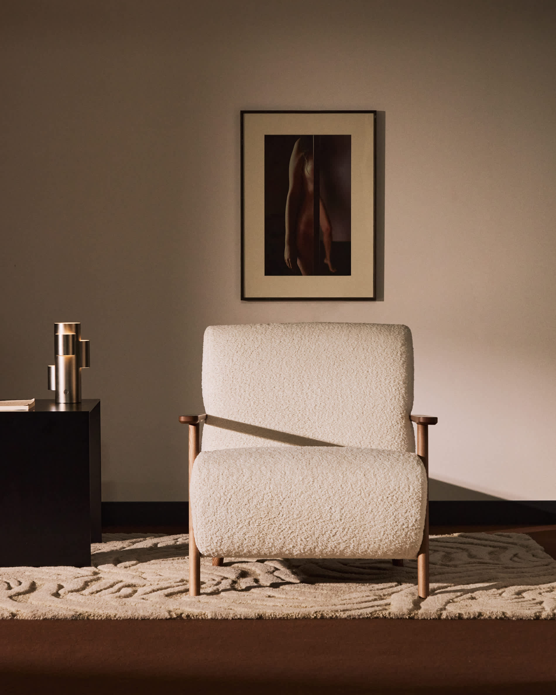Meghan fire-retardant armchair in ecru bouclé and solid ash wood with walnut-coloured finish FSC Mix Credit