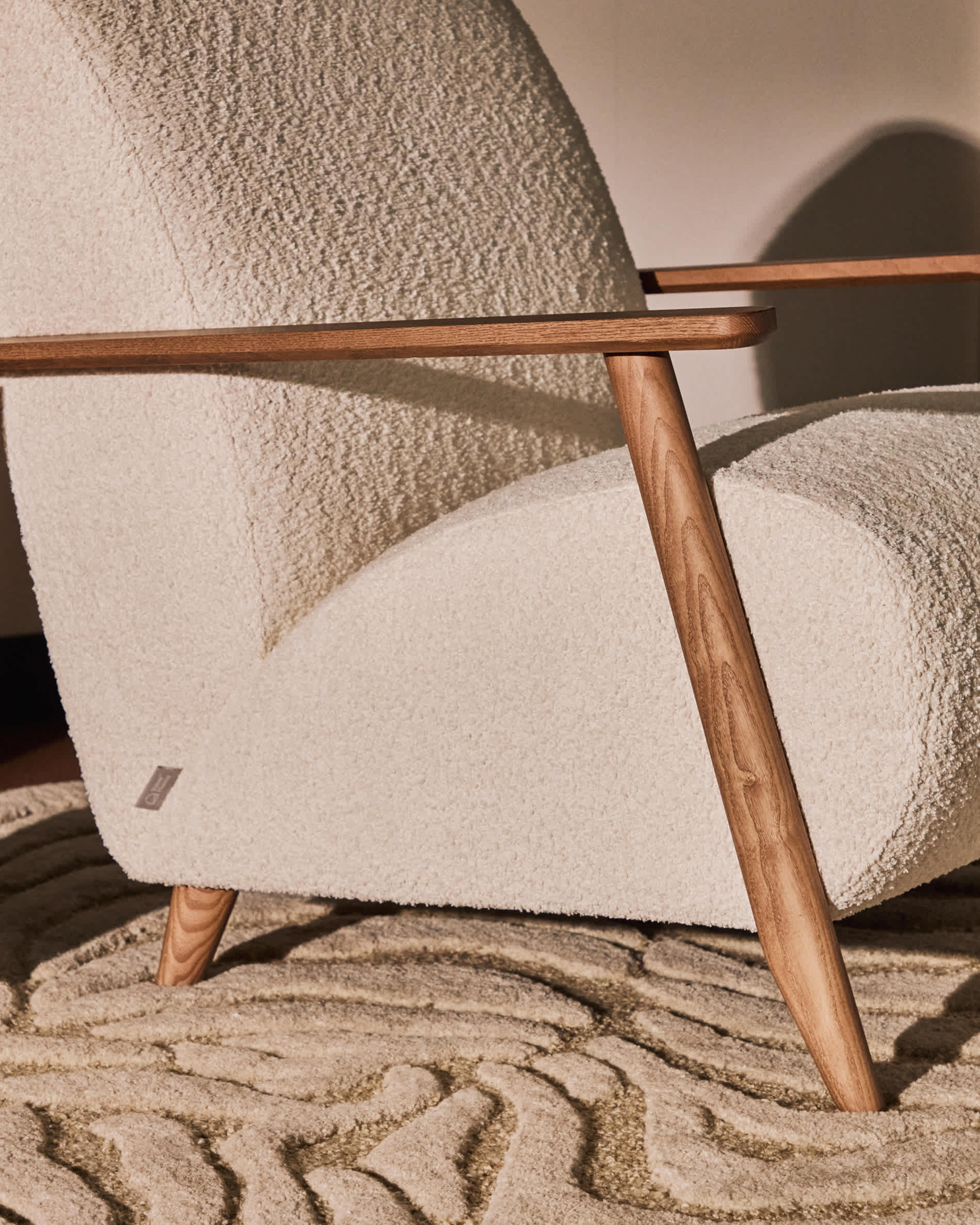 Meghan fire-retardant armchair in ecru bouclé and solid ash wood with walnut-coloured finish FSC Mix Credit