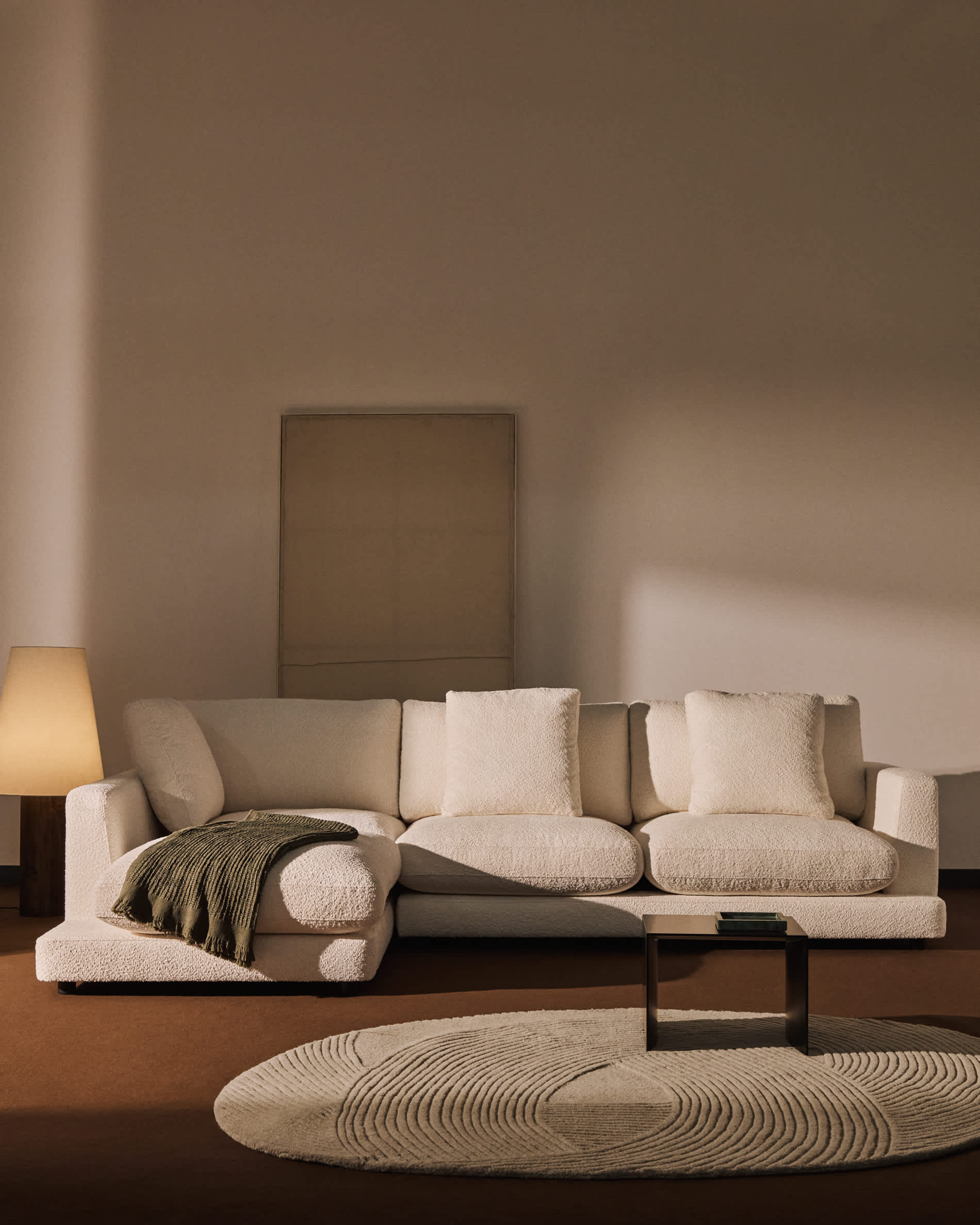 Gala fire-retardant beige bouclé 4-seater sofa with left chaise longue FSC Mix Credit 300cm