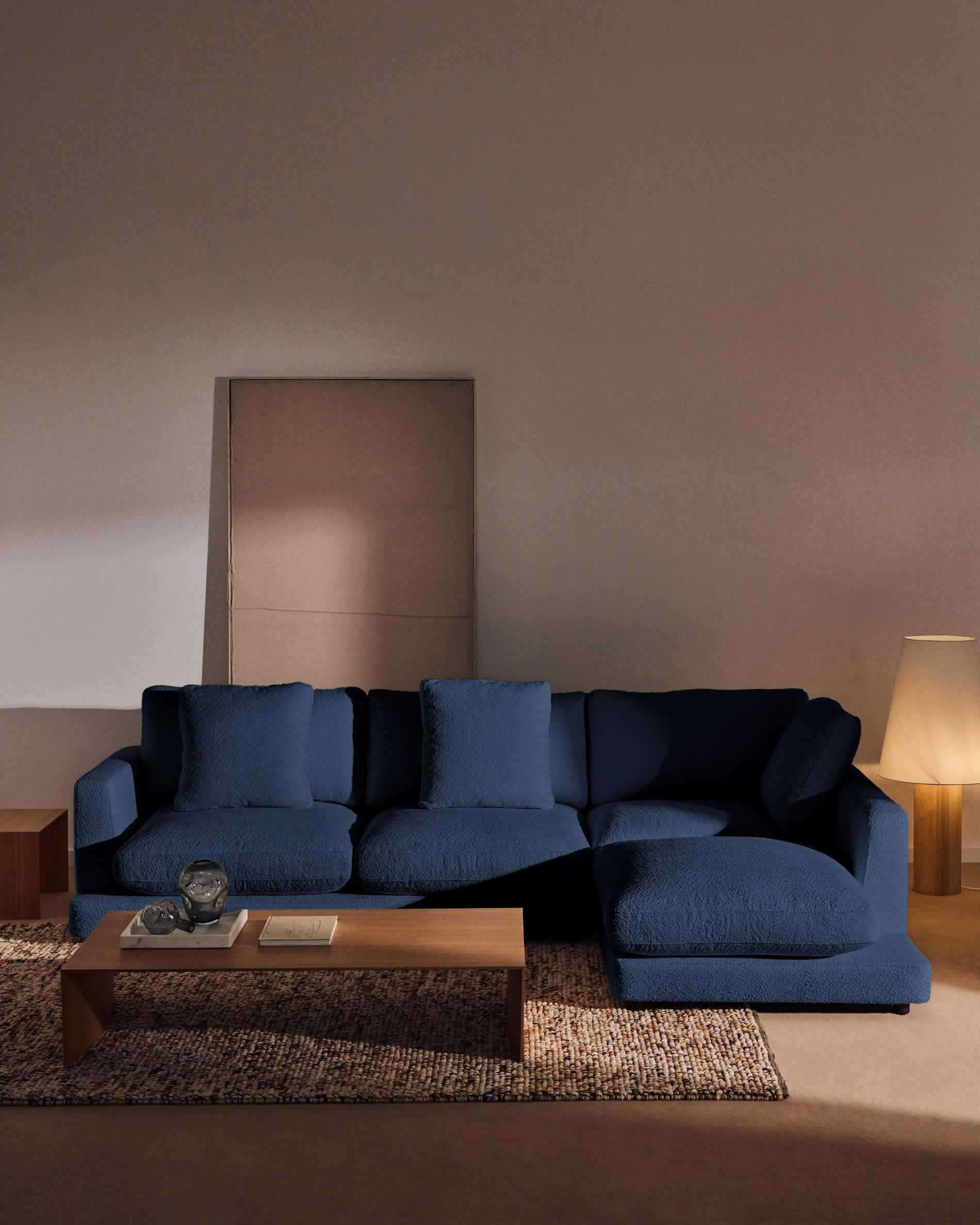 Gala fire-retardant blue bouclé 4-seater sofa with right chaise longue FSC Mix Credit 300cm