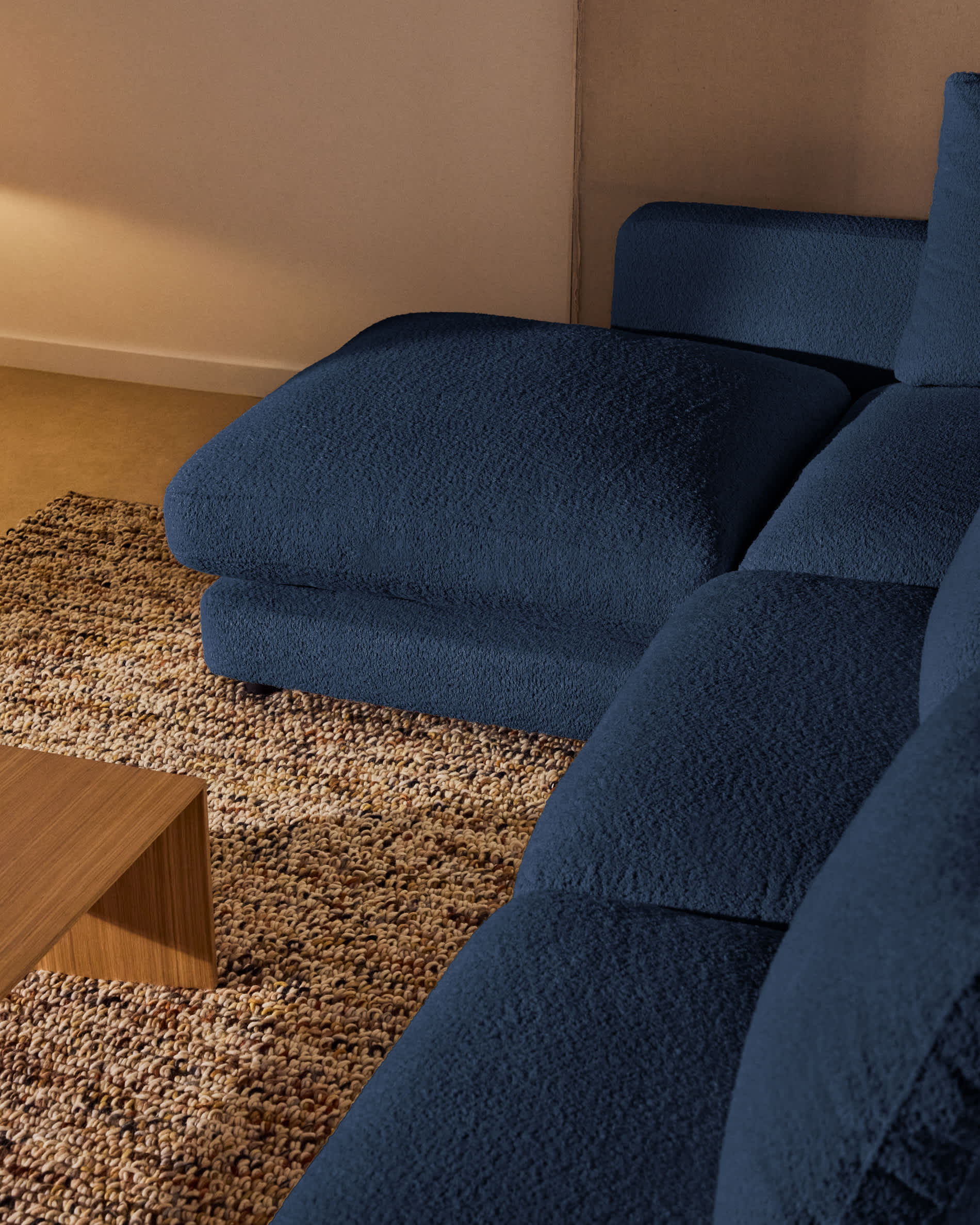 Gala fire-retardant blue bouclé 4-seater sofa with left chaise longue FSC Mix Credit 300cm