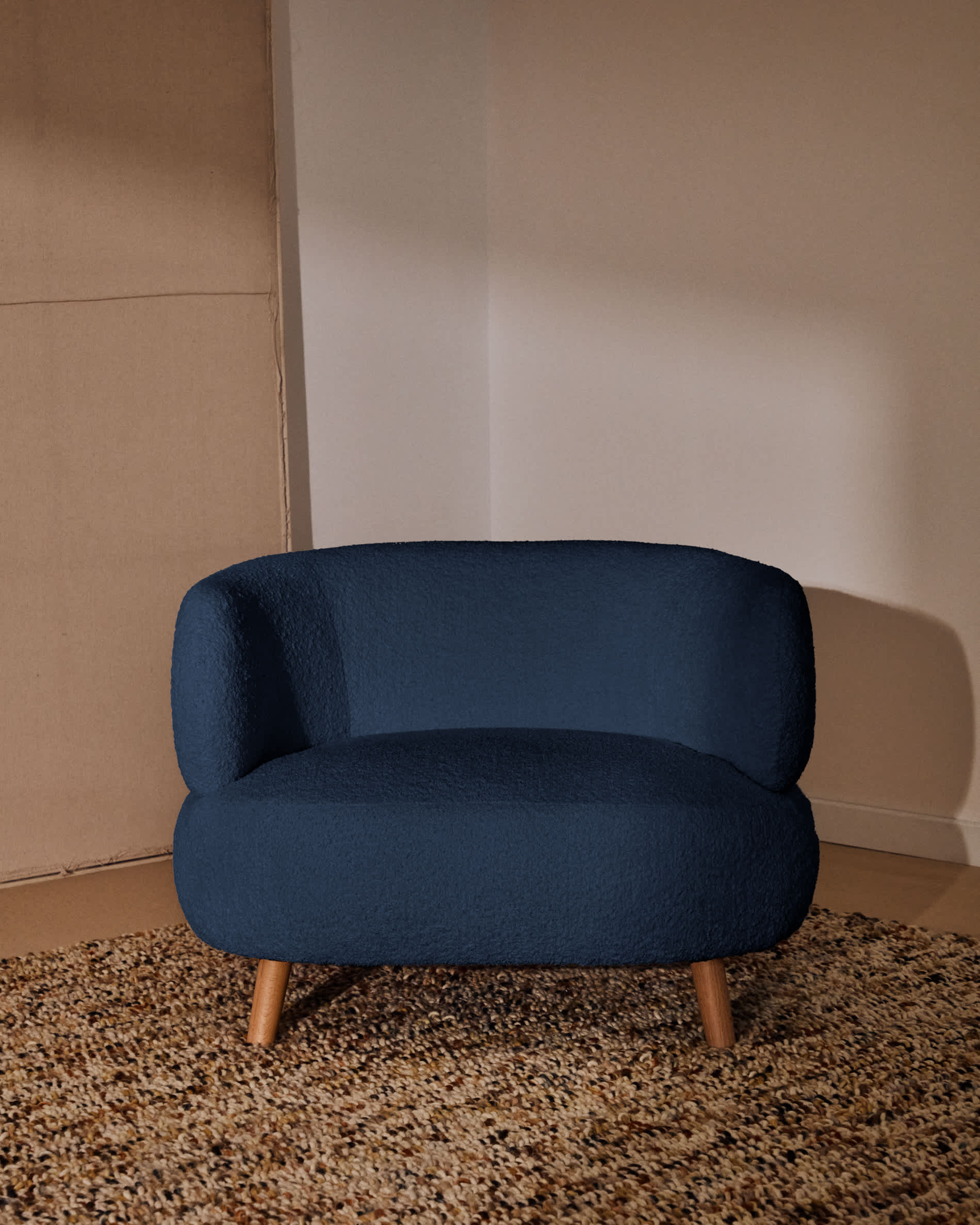 Luisa fire-retardant blue bouclé armchair with solid beech wood legs 90cm