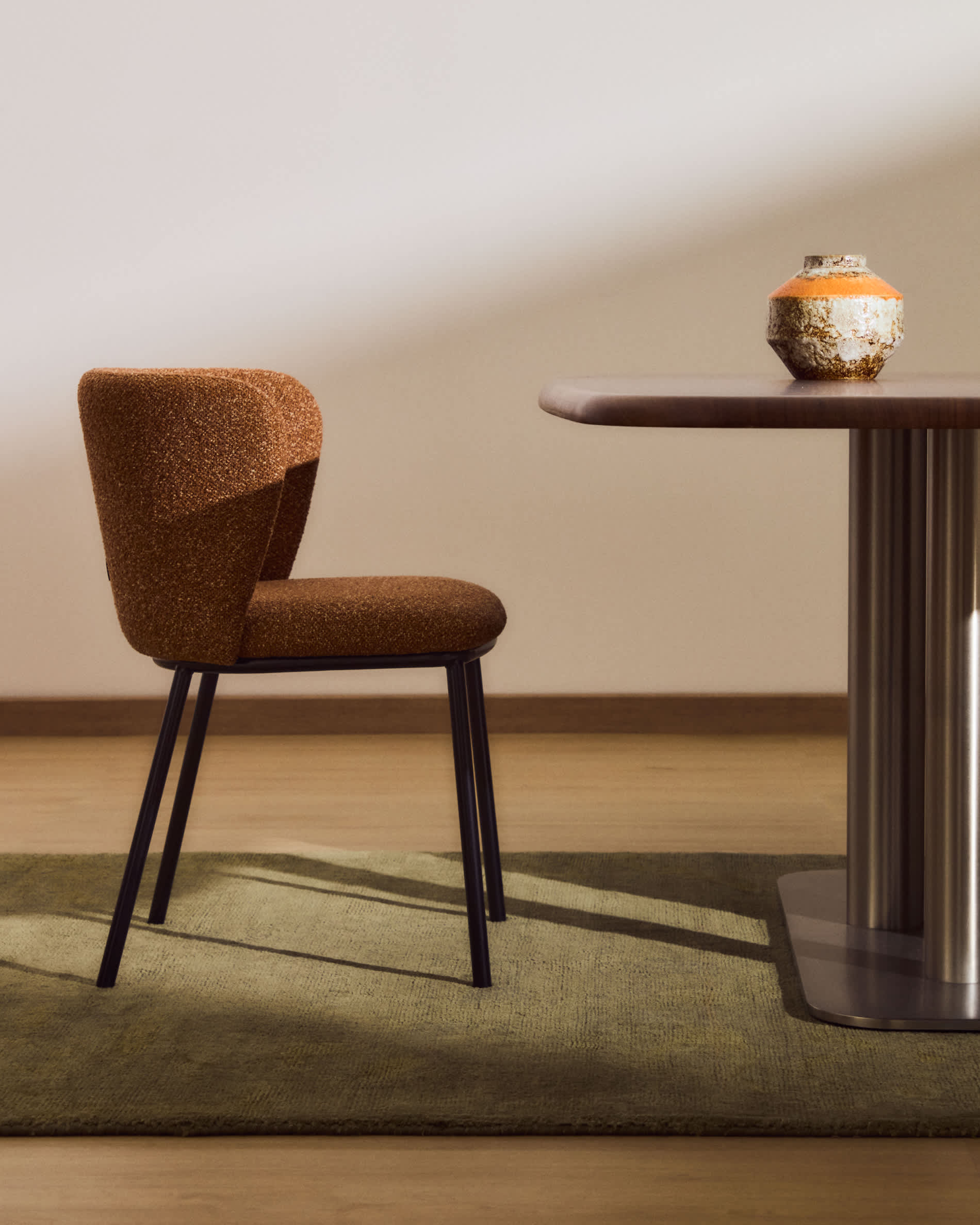 Ciselia terracotta thick chenille chair with black finish steel legs FSC Mix Credit