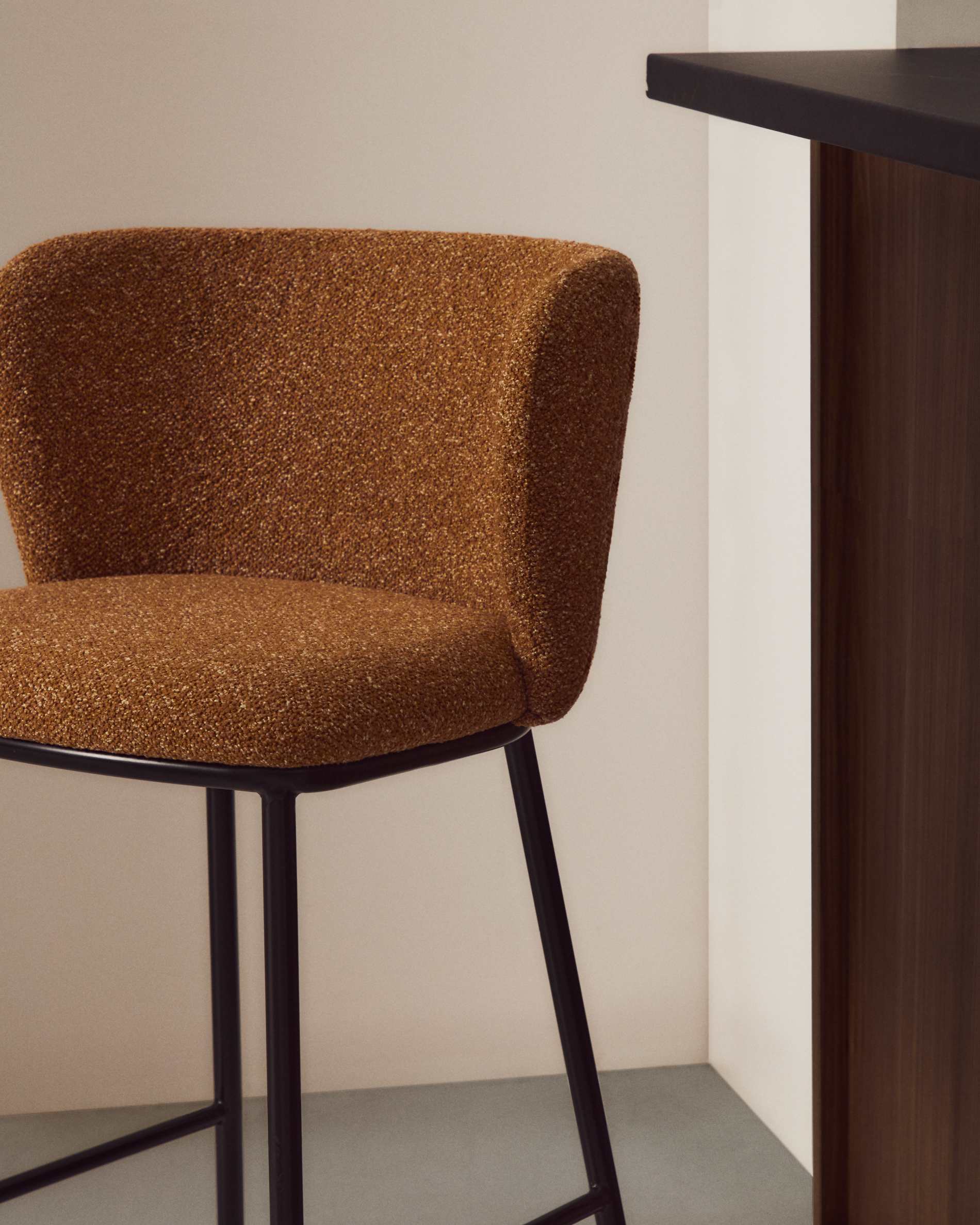Ciselia terracotta thick chenille stool with black finish steel legs FSC Mix Credit 65cm