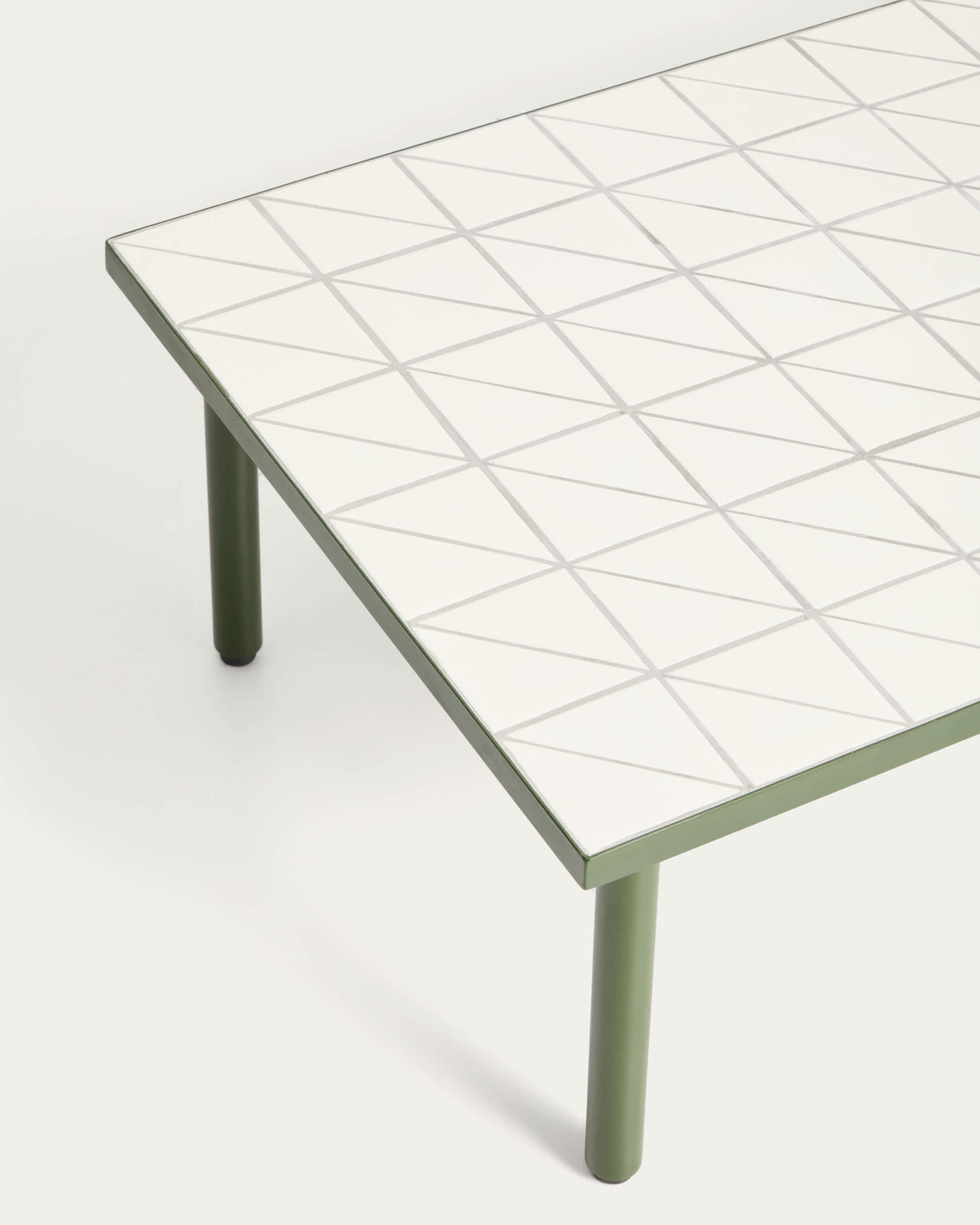 Maurina coffee table in green galvanised steel with ecru tiles 122 x 61cm