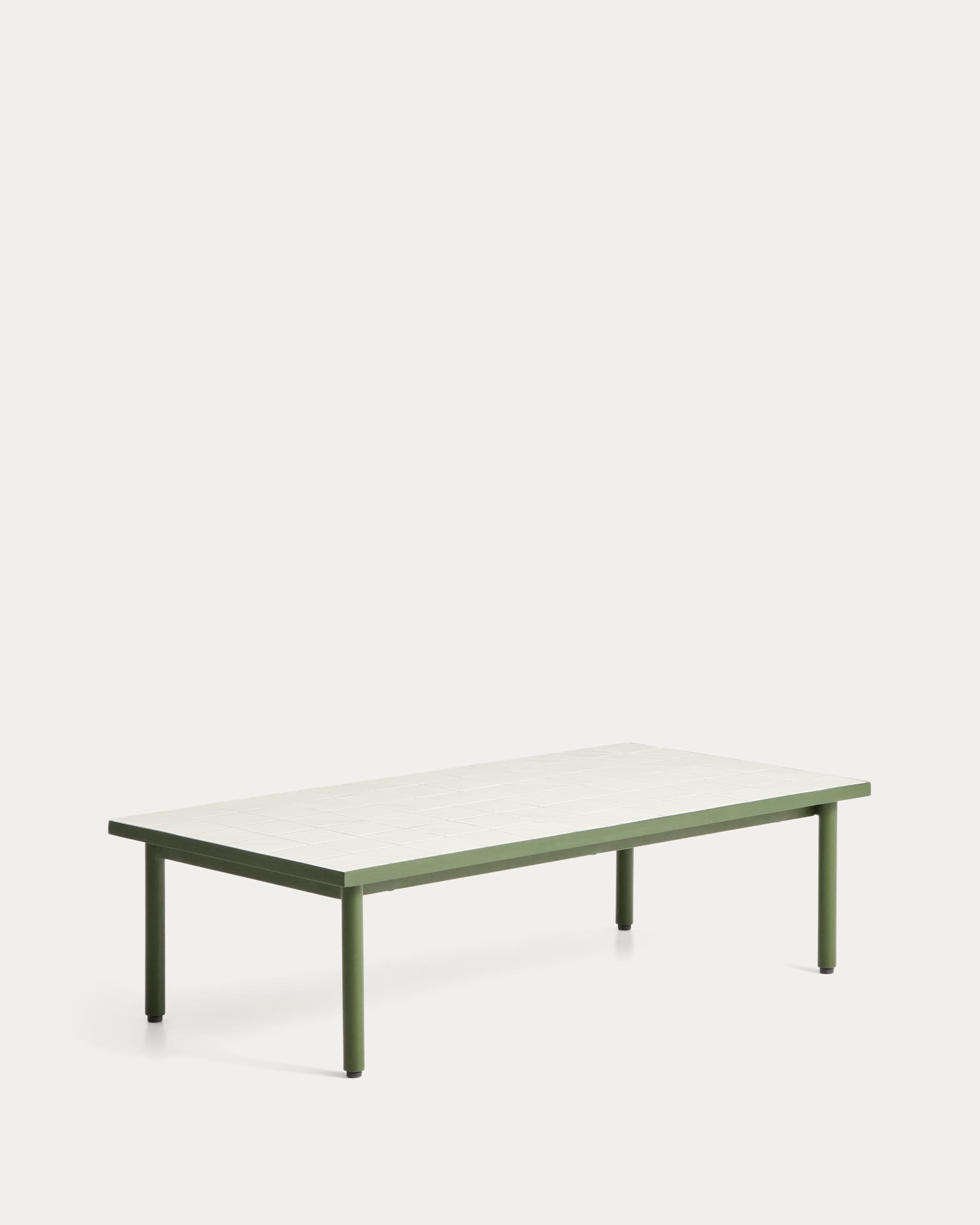 Maurina coffee table in green galvanised steel with ecru tiles 122 x 61cm
