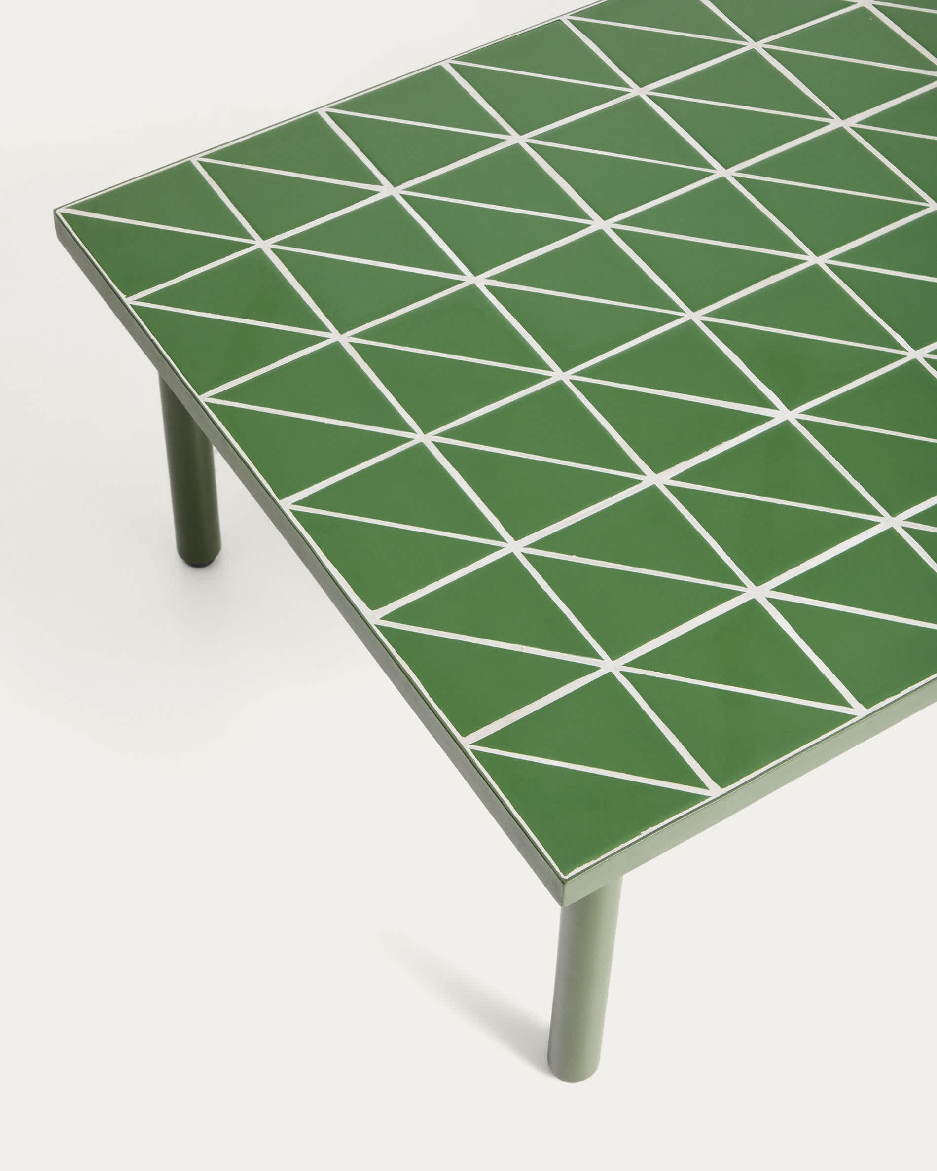 Maurina coffee table in green galvanised steel with green tiles 122 x 61 cm