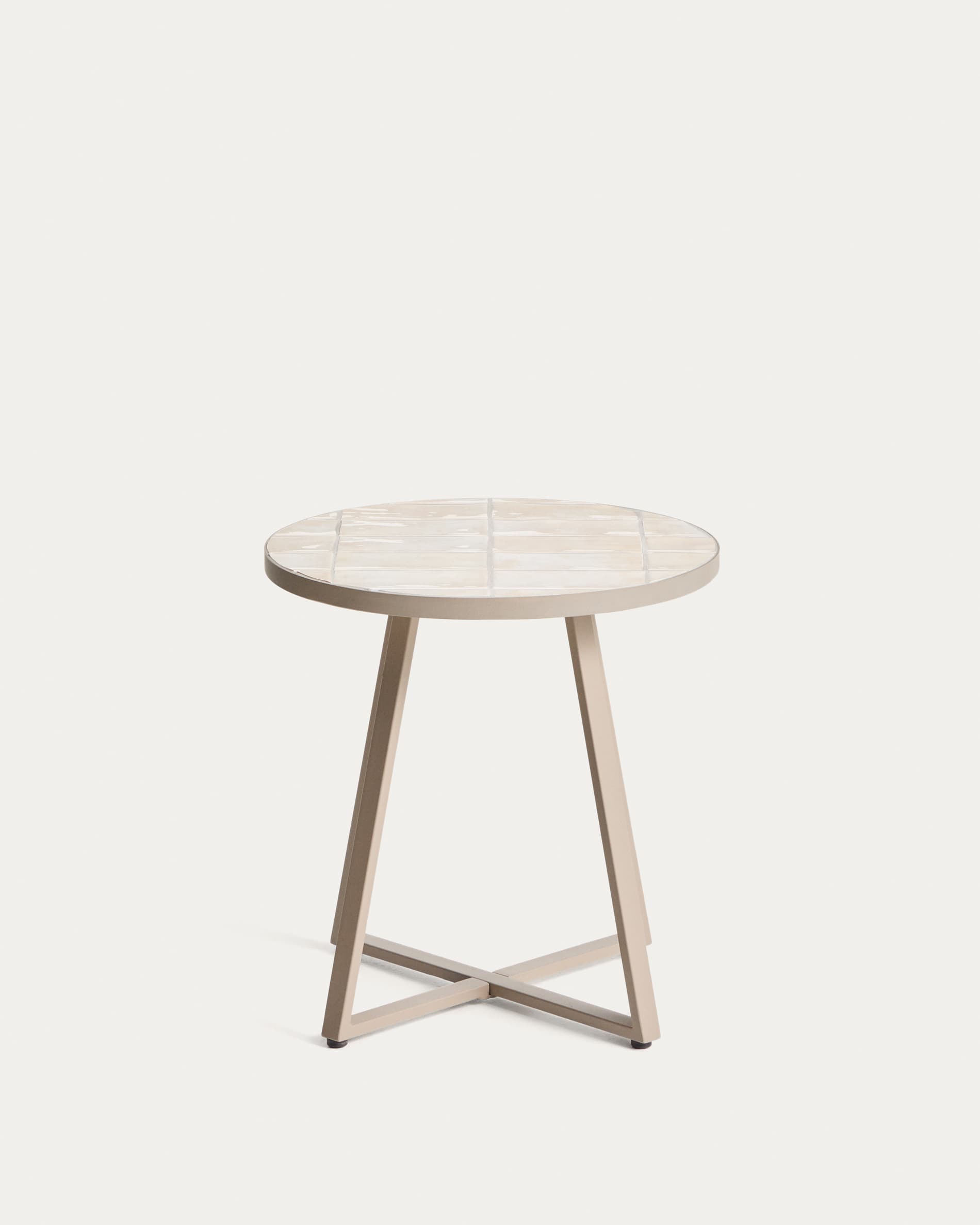 Tella round side table in galvanised steel with beige tiles Ø45 cm