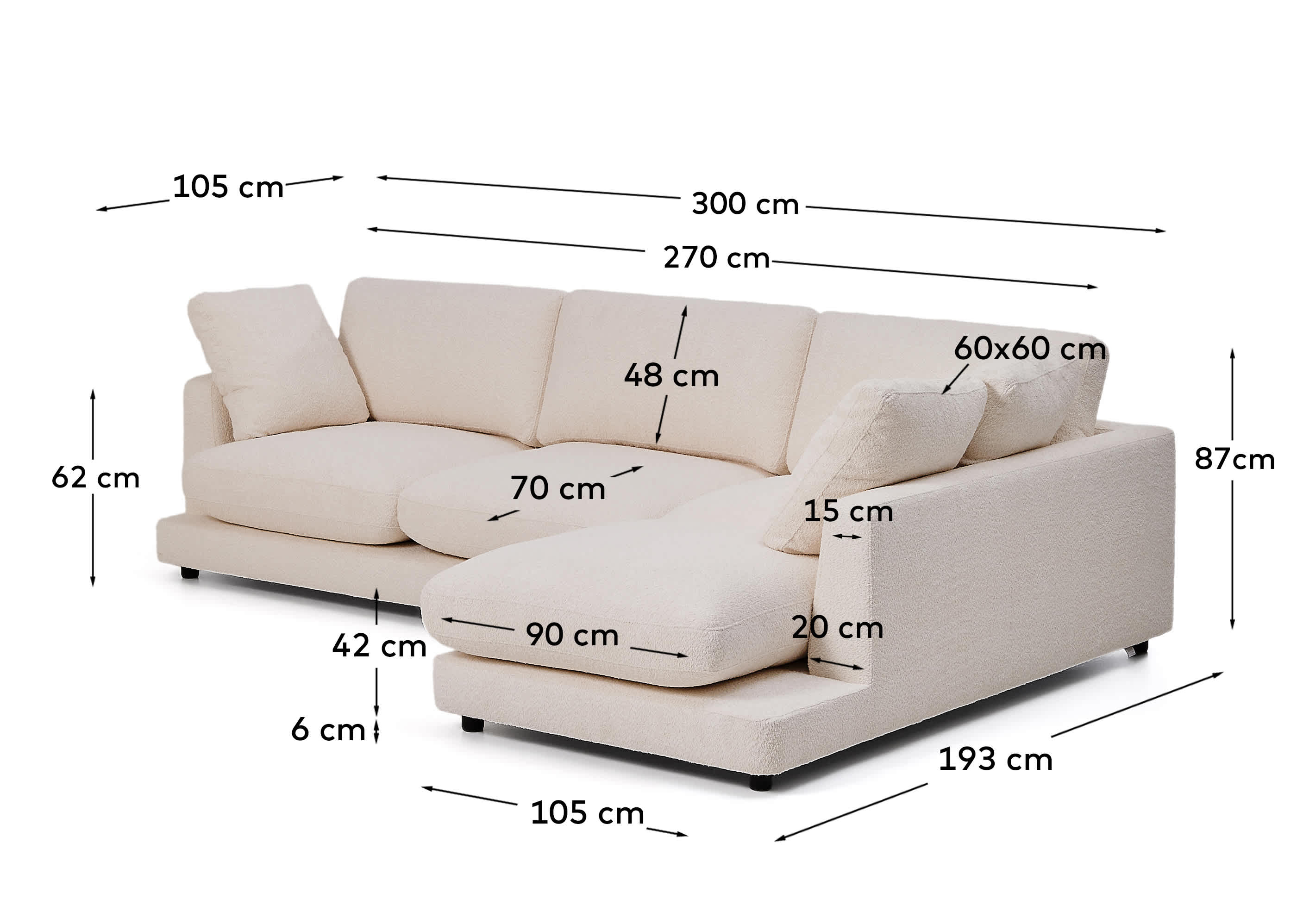 Gala fire-retardant beige bouclé 4-seater sofa with right chaise longue FSC Mix Credit 300cm