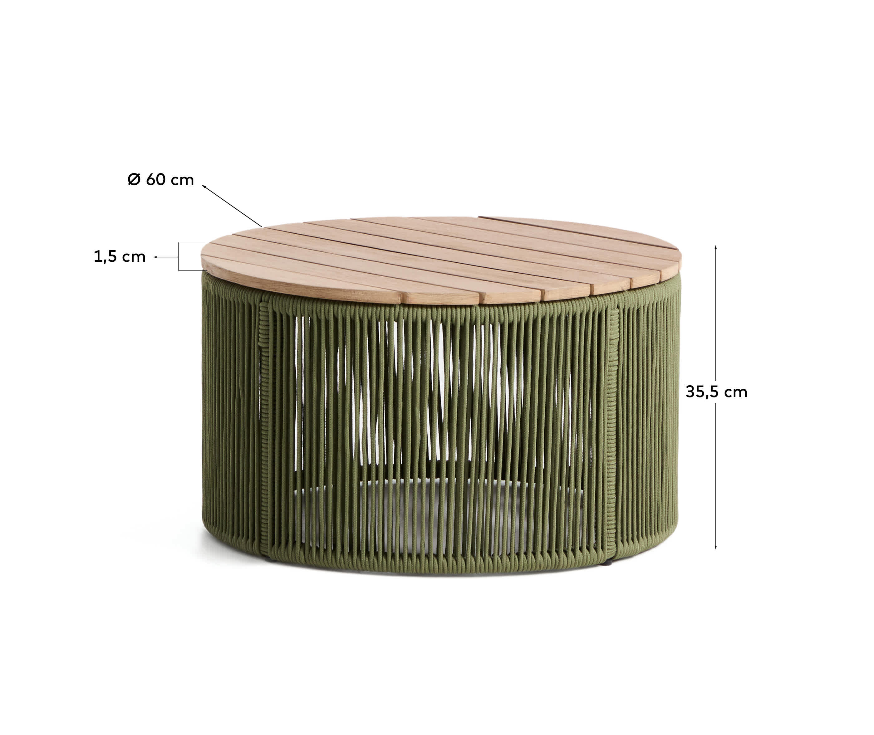 Dandara coffee table in steel, green rope cord and solid acacia wood Ø60cm FSC 100%