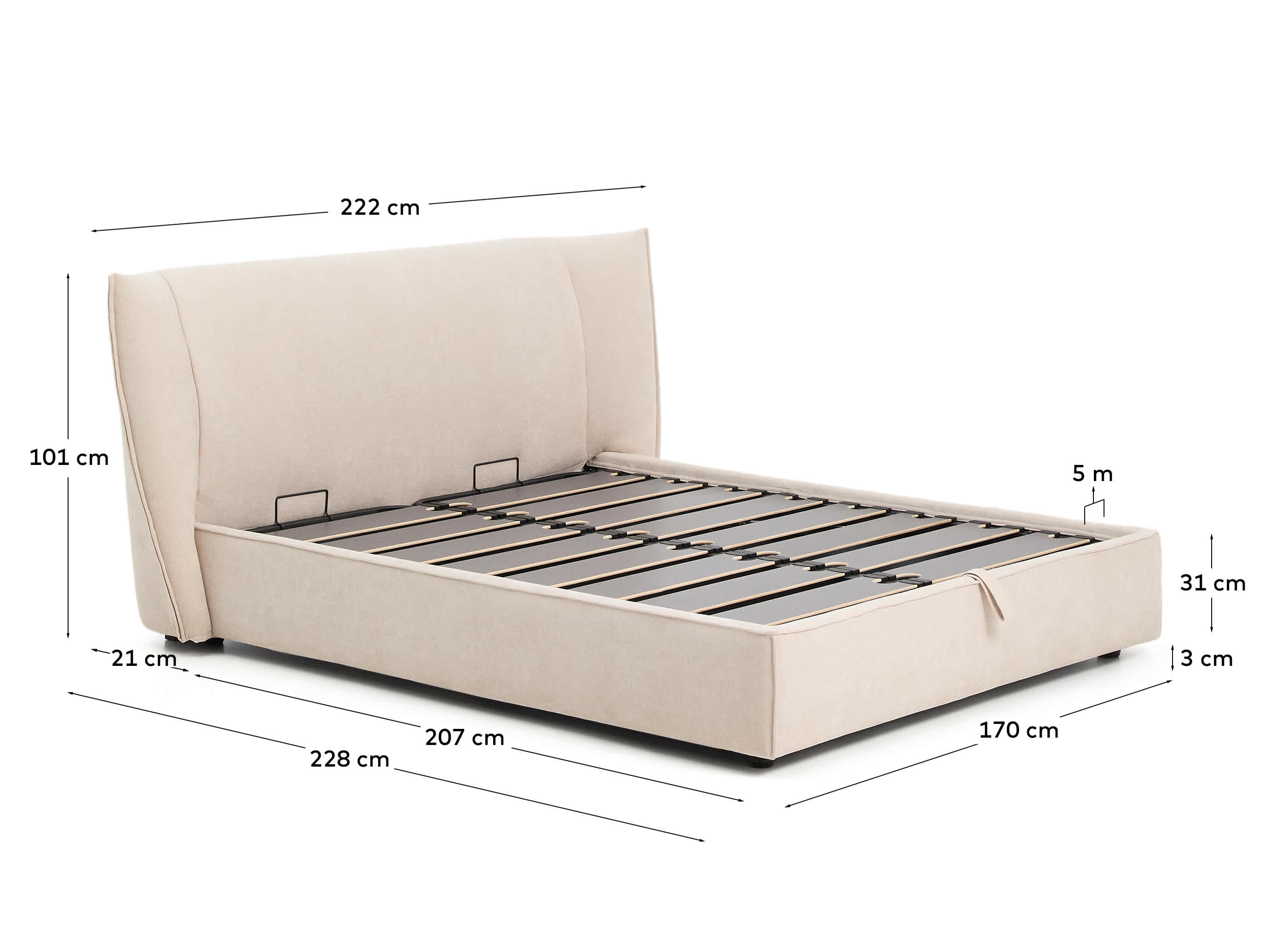 Arvian beige chenille removable-cover bed with ottoman base for a 160 x 200 cm mattress