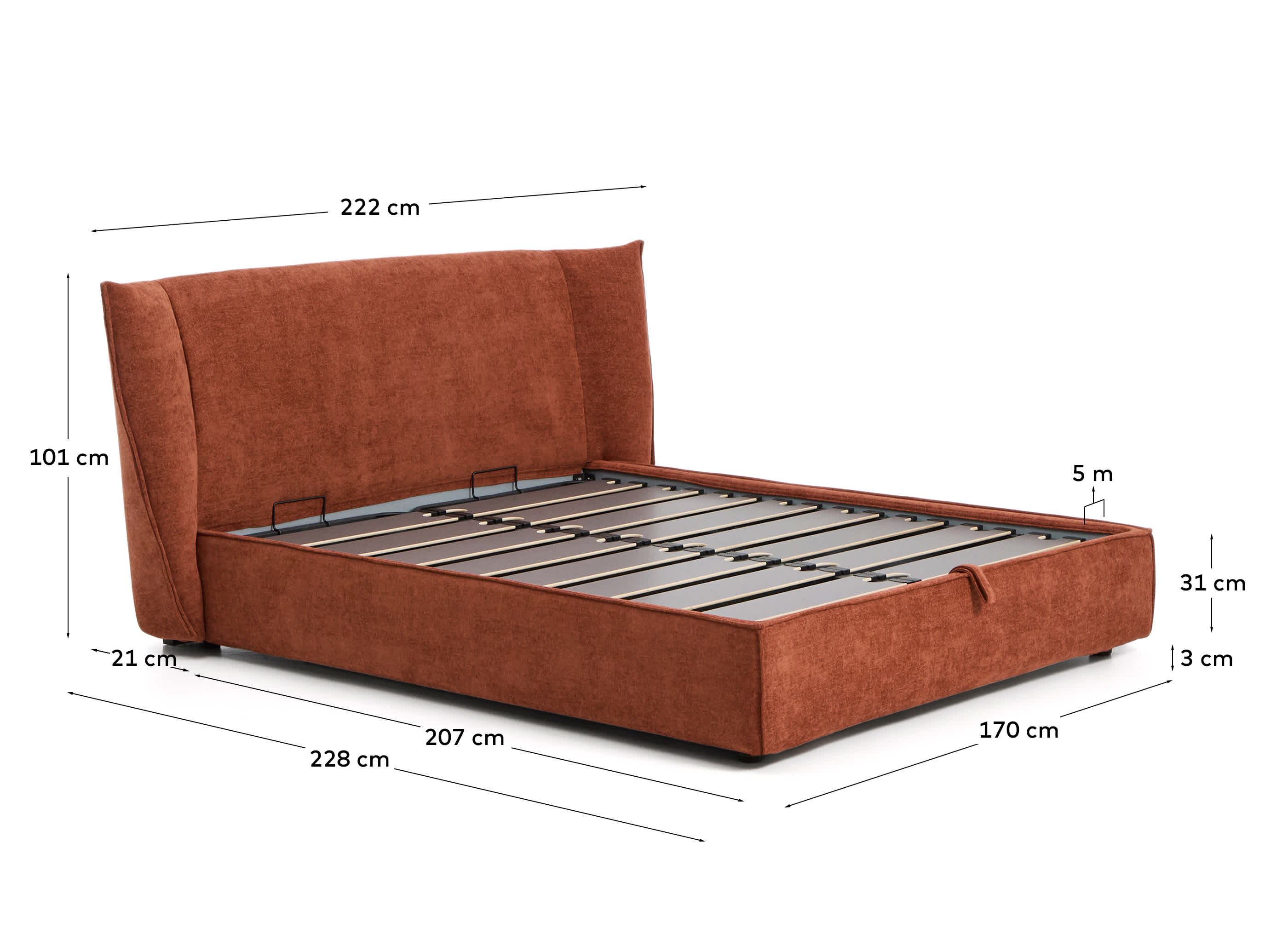 Arvian terracotta chenille removable-cover bed with ottoman base for a 160 x 200 cm mattress