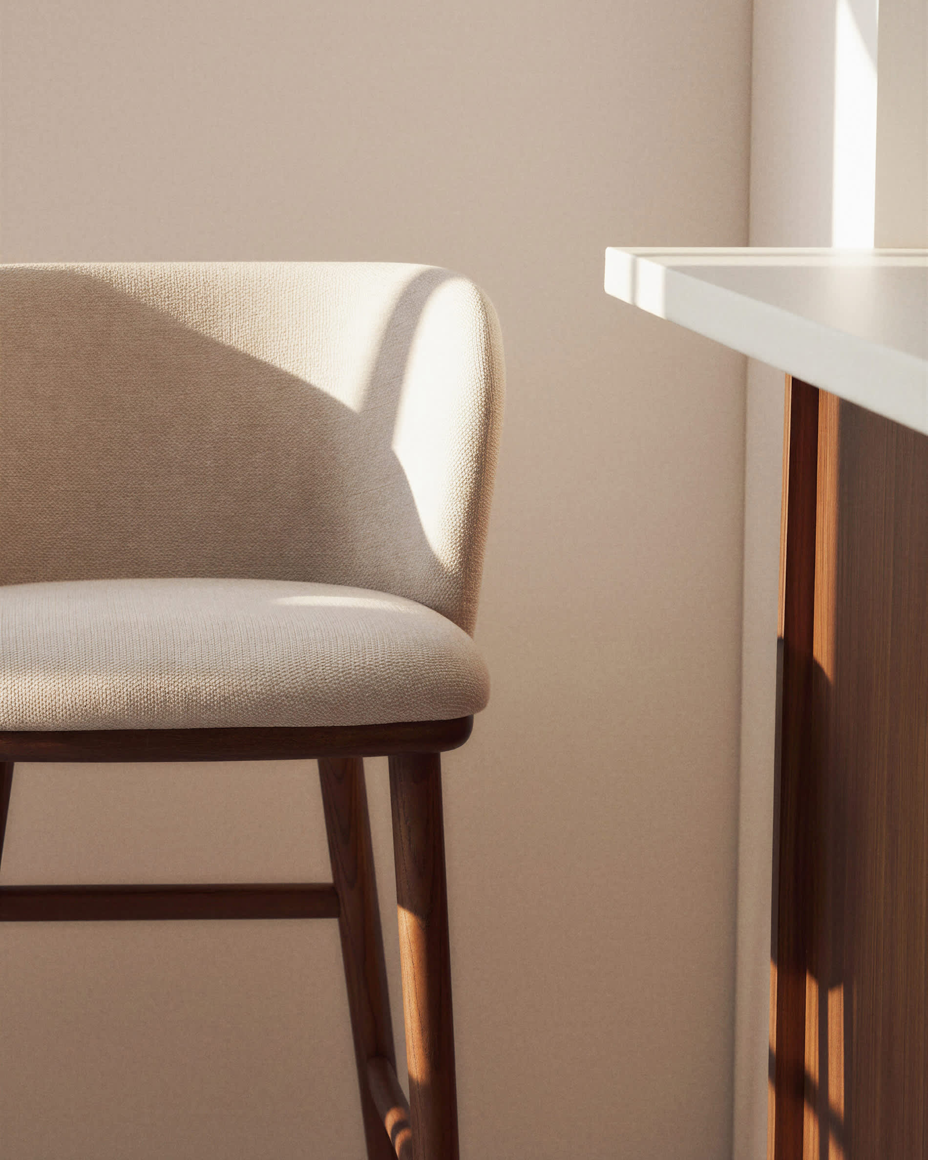 Ciselia beige chenille stool with solid ash wood legs with walnut-coloured finish FSC Mix Credit 75cm