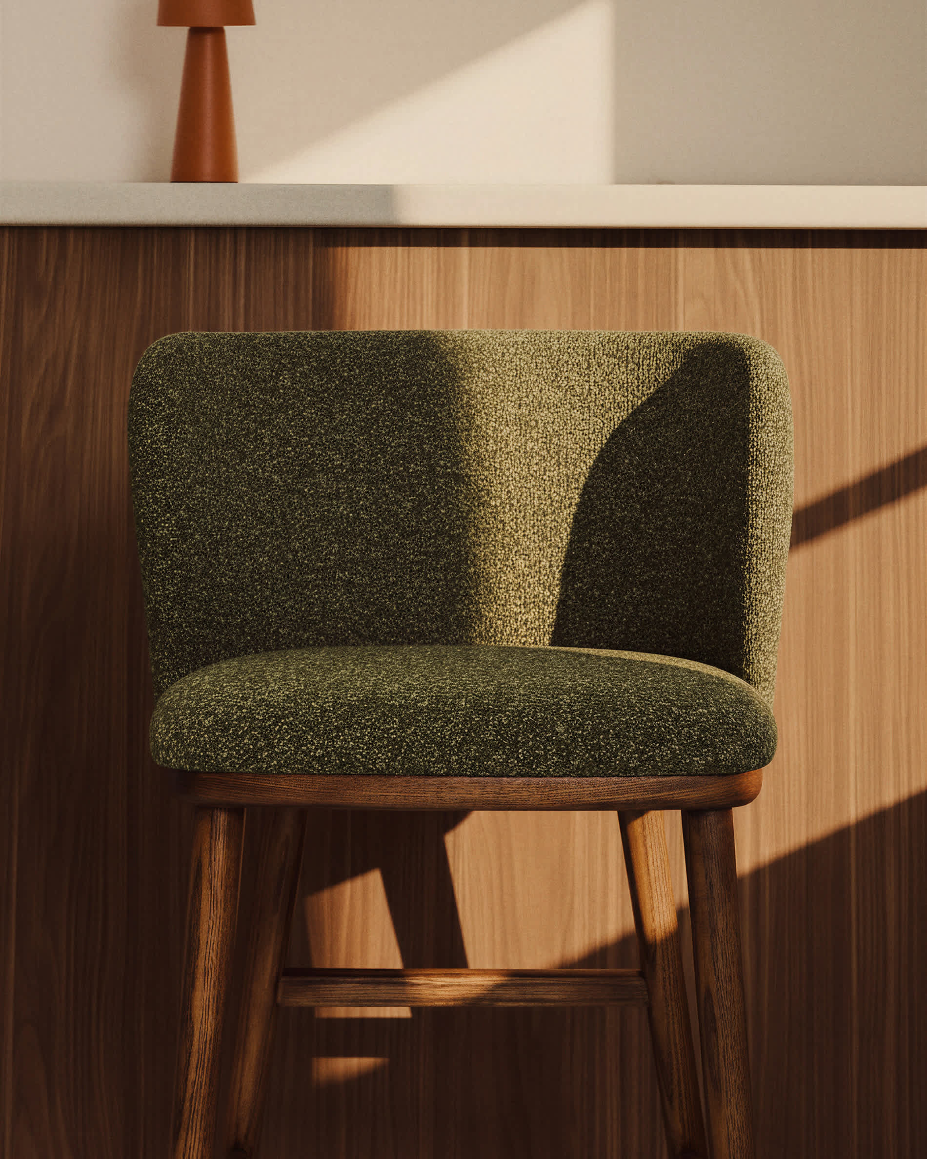 Ciselia dark green thick chenille stool with solid ash wood legs with walnut-coloured finish FSC Mix Credit 75cm