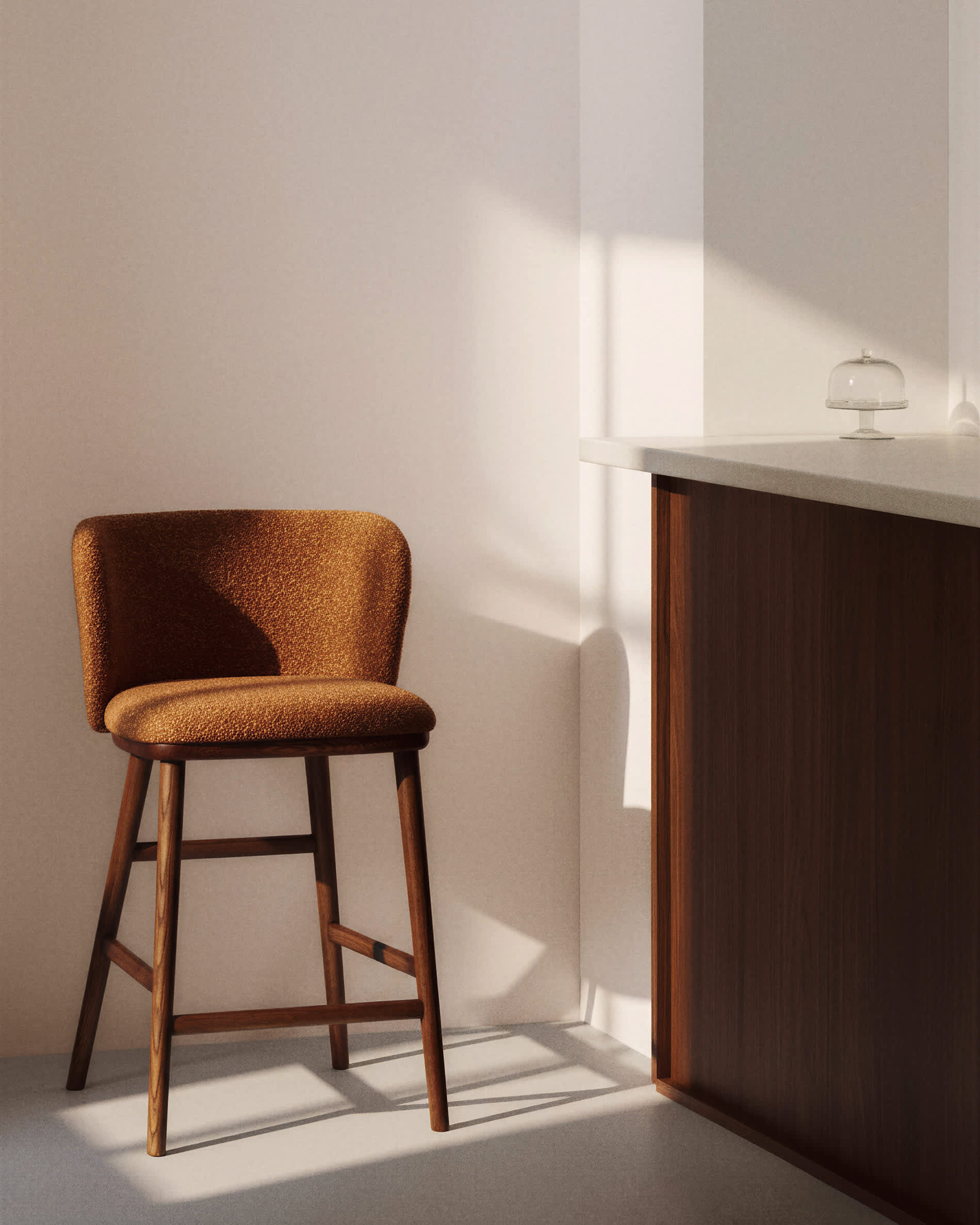 Ciselia terracotta thick chenille stool with solid ash wood legs with walnut-coloured finish FSC Mix Credit 65cm