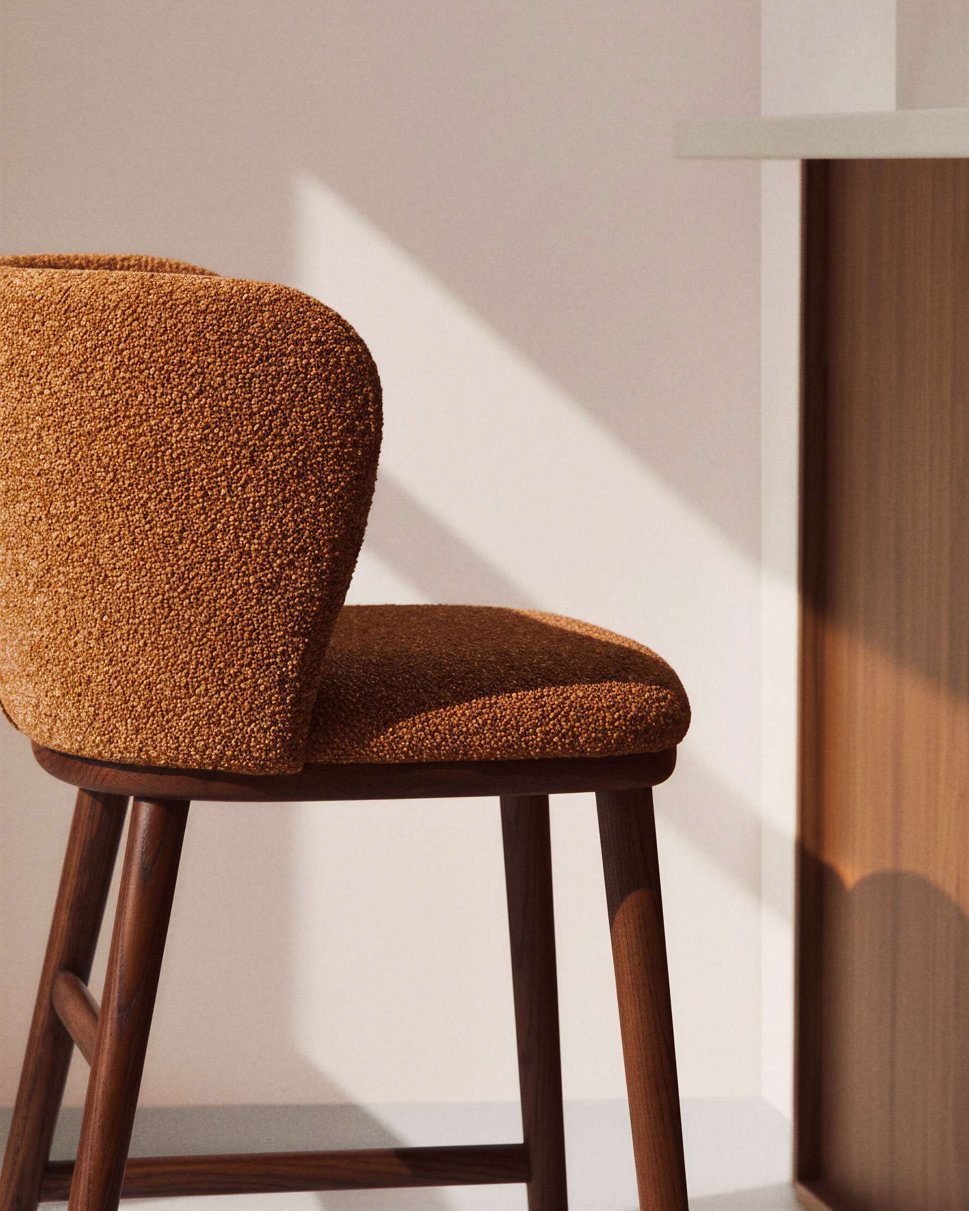 Ciselia terracotta thick chenille stool with solid ash wood legs with walnut-coloured finish FSC Mix Credit 65cm